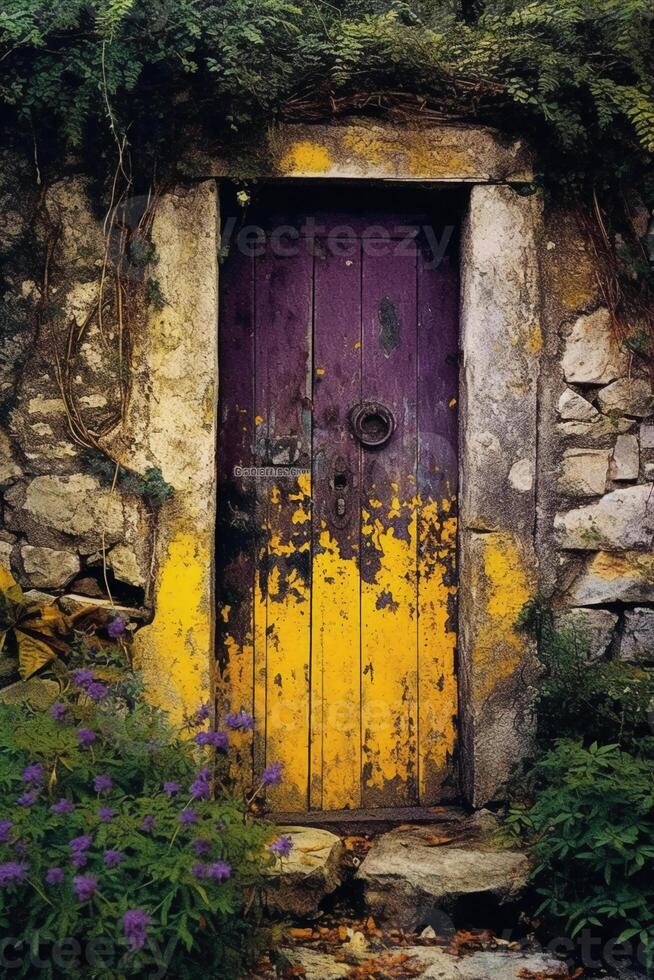 imagem do uma pedra porta com plantas e amarelo porta. ai generativo foto