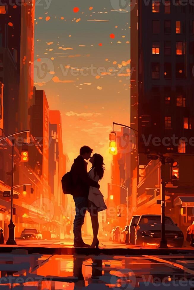 adorável pôr do sol paisagem urbana, Novo Iorque, bronzeado moreno mulher e Castanho cabelos branco homem se beijando. ai generativo foto