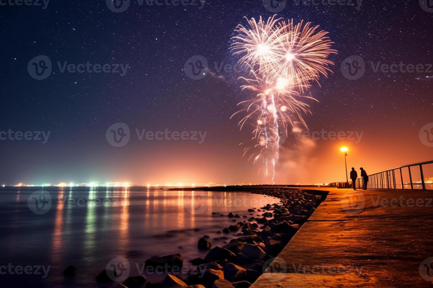 fogo de artifício noite mar estrela. ai generativo foto