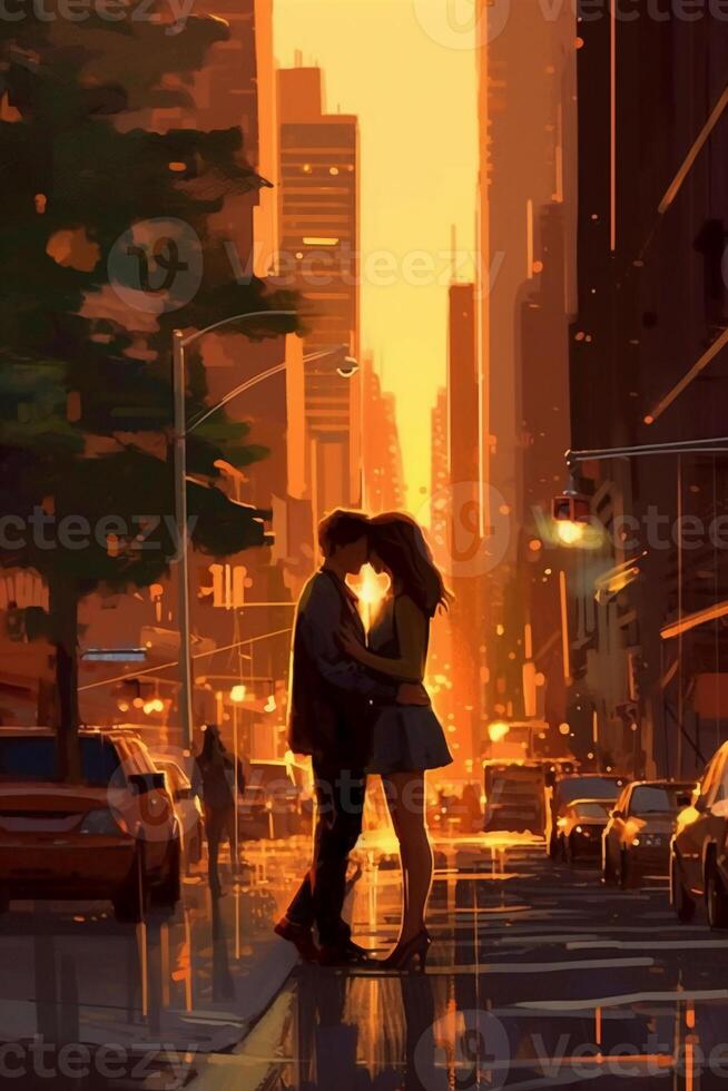 adorável pôr do sol paisagem urbana, Novo Iorque, bronzeado moreno mulher e Castanho cabelos branco homem se beijando. ai generativo foto