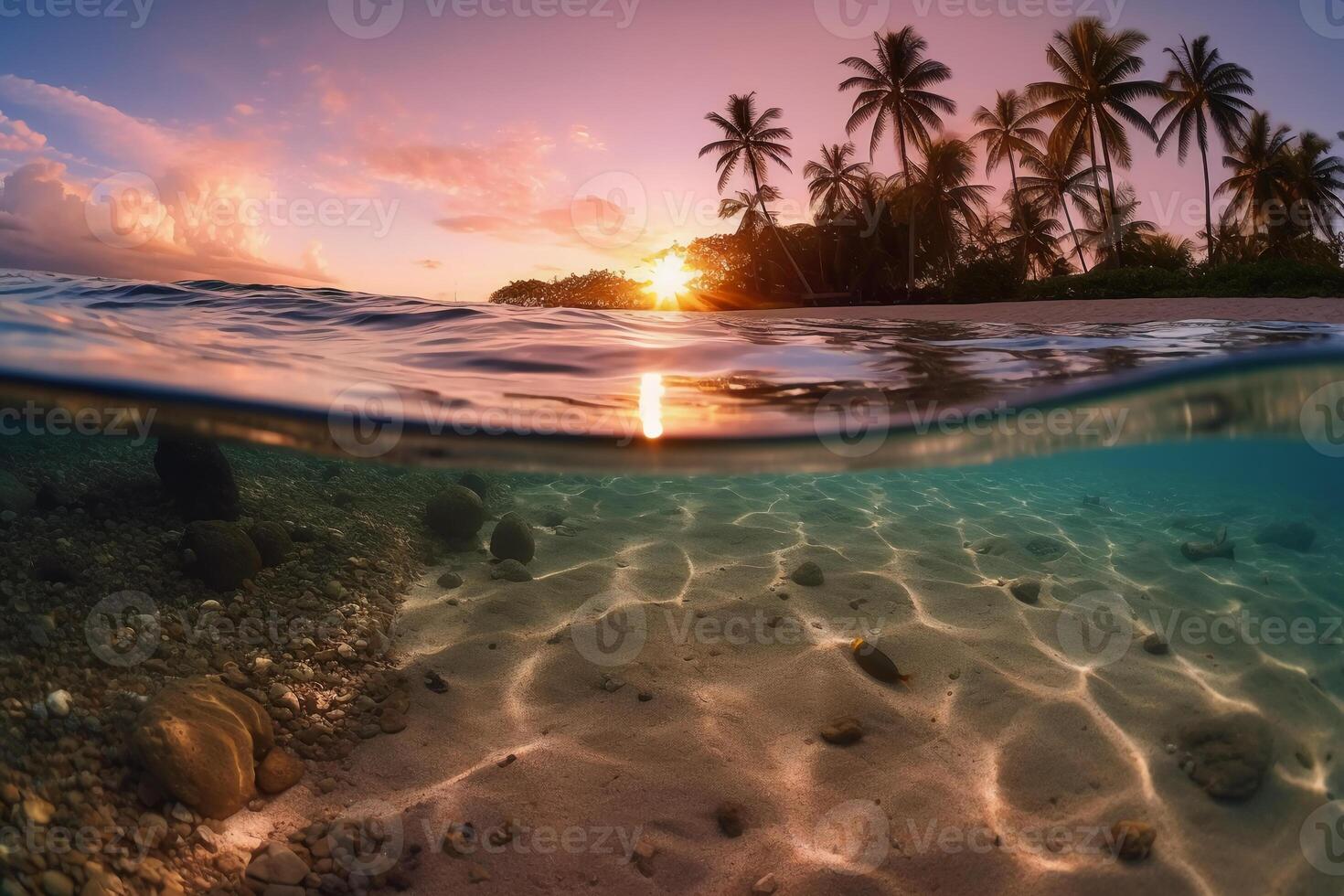 fotografia do lindo convidativo de praia cena com Rosa pôr do sol céu. ai generativo foto