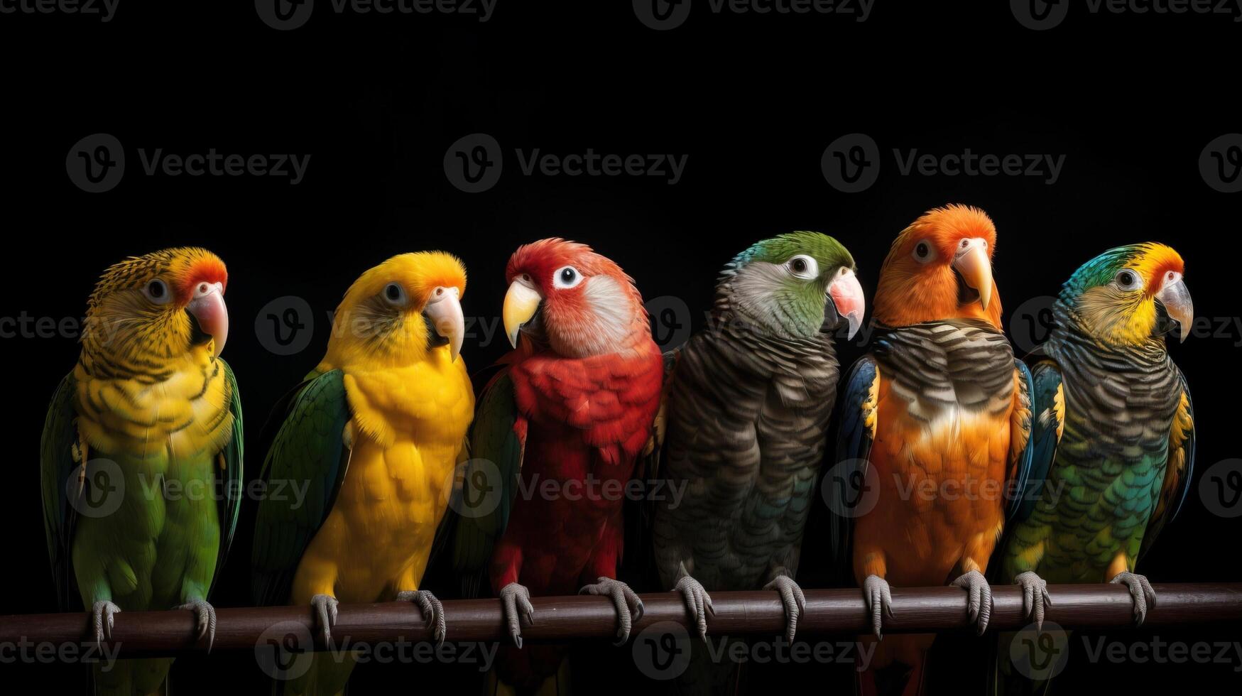 vários tipos do papagaios estão sentado dentro uma linha em uma filial, Preto fundo, isolar. ai gerado. foto