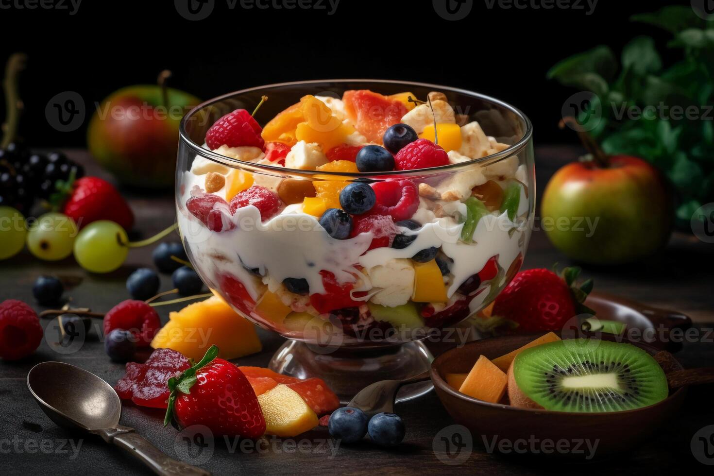 colorida fruta salada dentro uma vidro tigela com diferente fatiado frutas a açoitado creme iogurte dentro uma agradável configuração ambiente. ai generativo foto