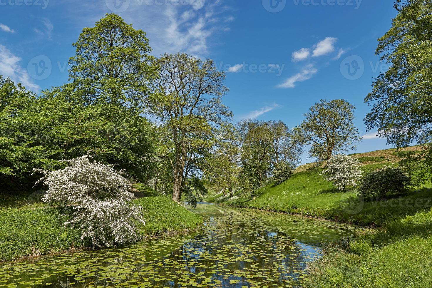 rio curvo atravessa uma bela paisagem perto da cidade de fredericia, na dinamarca foto