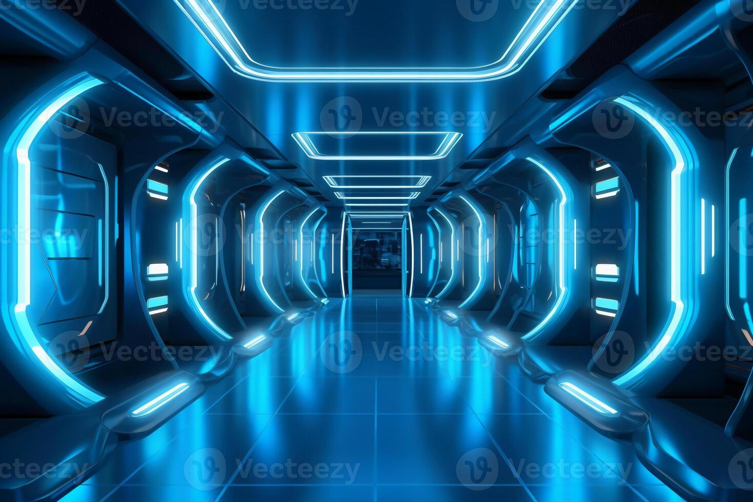 futurista fundo Ciência ficção interior e azul luz arquitetura corredor. ai generativo foto