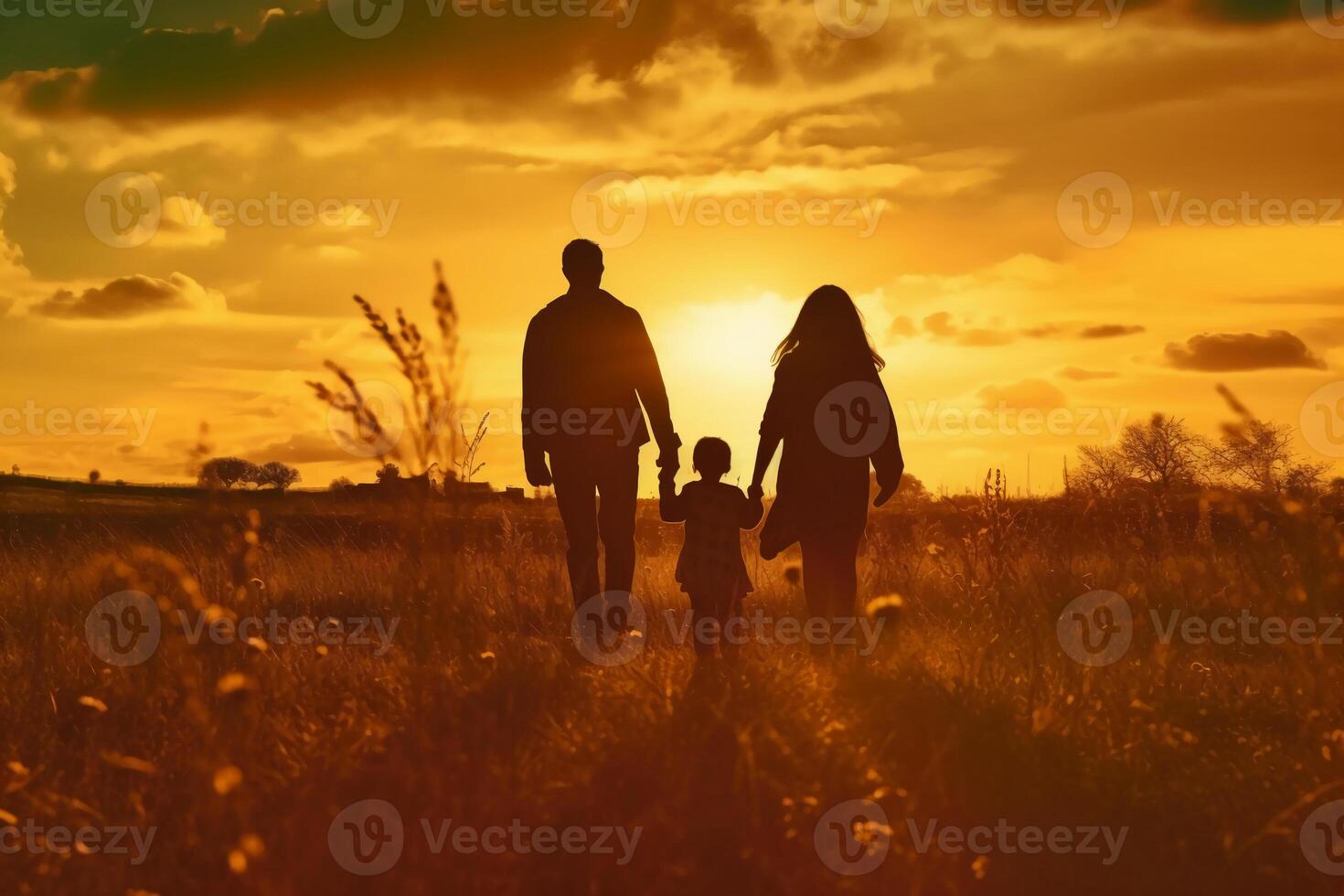 silhueta do feliz família caminhando dentro a Prado às pôr do sol. ai generativo foto