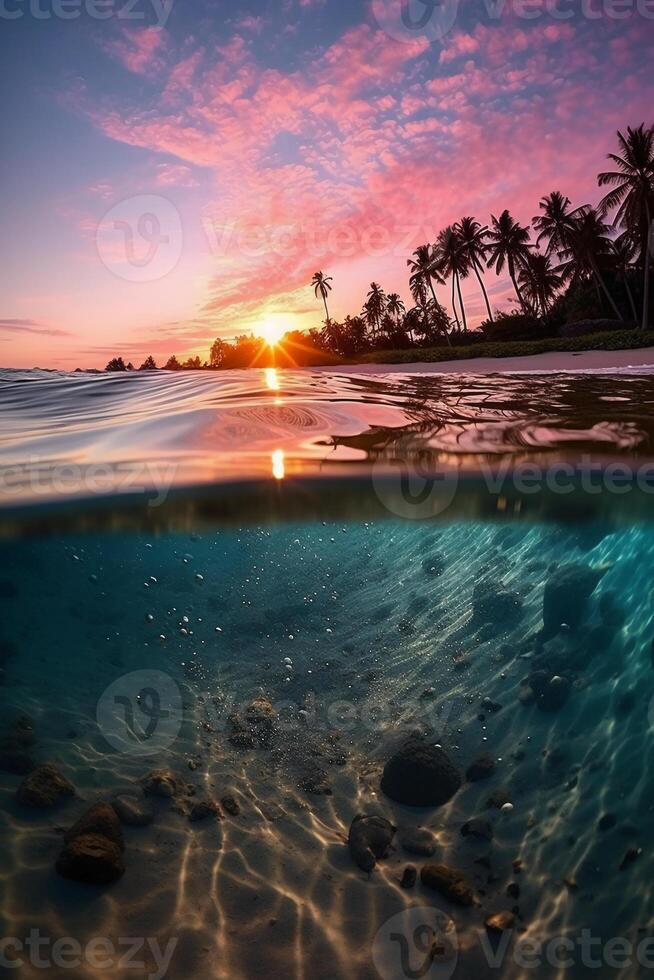 fotografia do lindo convidativo de praia cena com Rosa pôr do sol céu. ai generativo foto