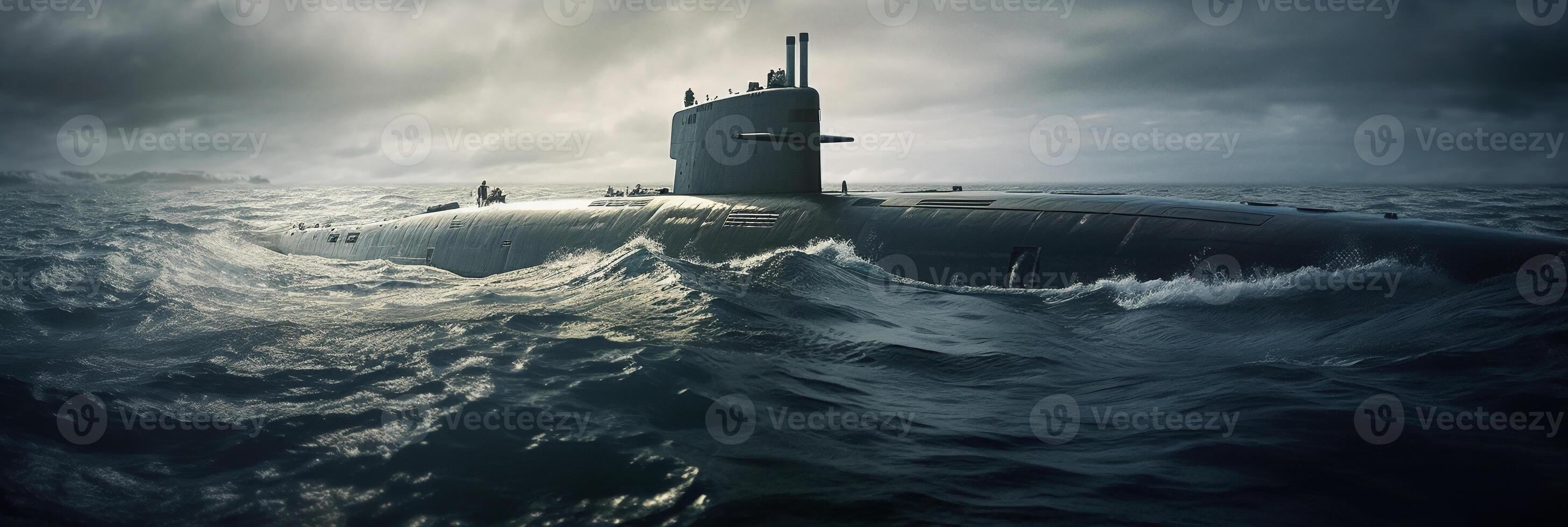 genérico militares nuclear submarino flutuando dentro a meio do a oceano. ai generativo foto