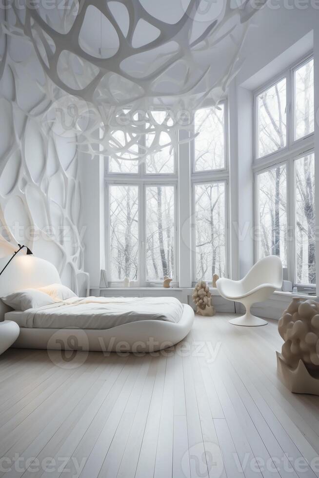 estético escultural mínimo branco moderno quarto com luz madeira andares. ai generativo foto