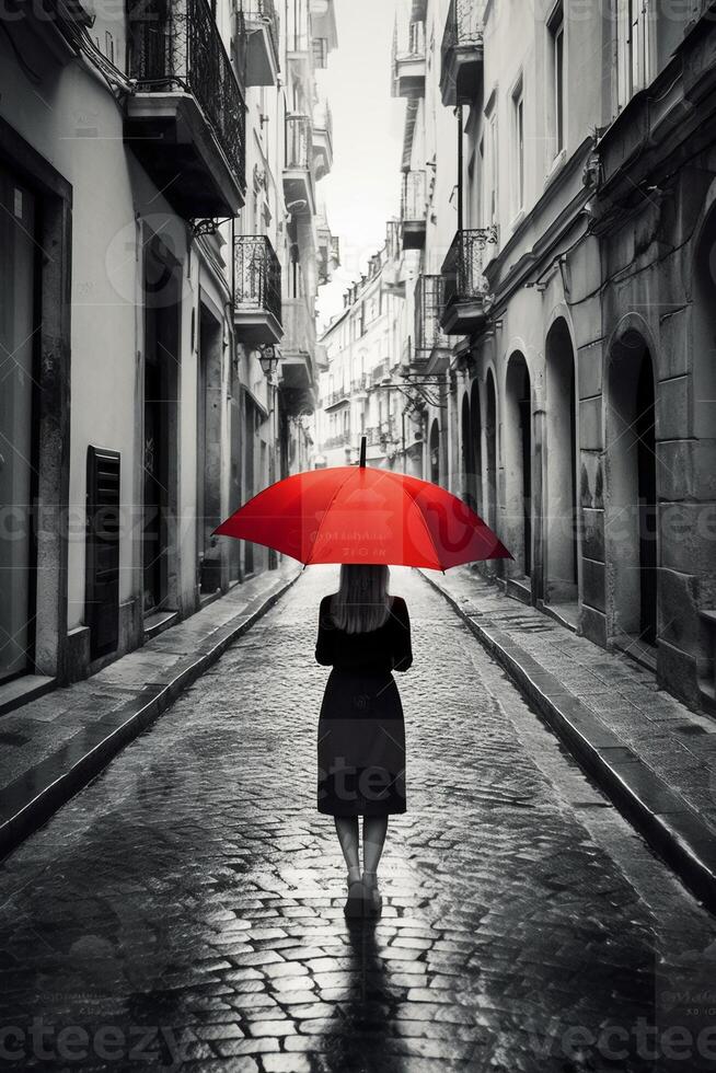vermelho guarda-chuva dentro mão do mulher caminhando em uma incolor rua. ai generativo foto