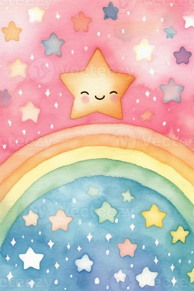 uma aguarela pintura do uma arco Iris e estrelas imprimir. ai generativo foto