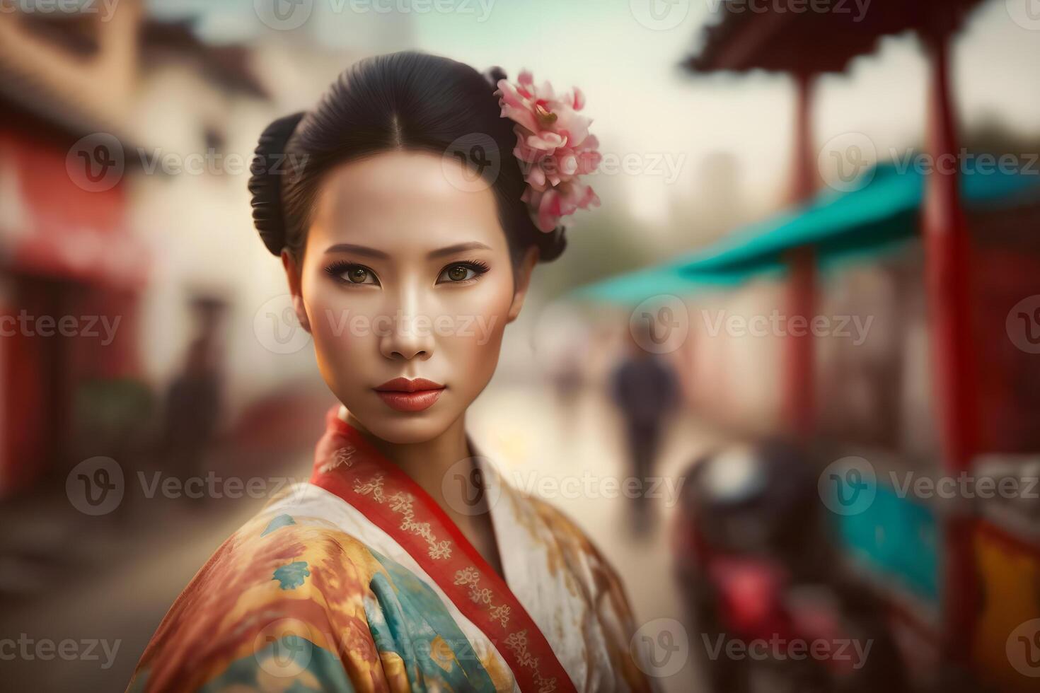 lindo ásia chinês mulher retrato. neural rede ai gerado foto