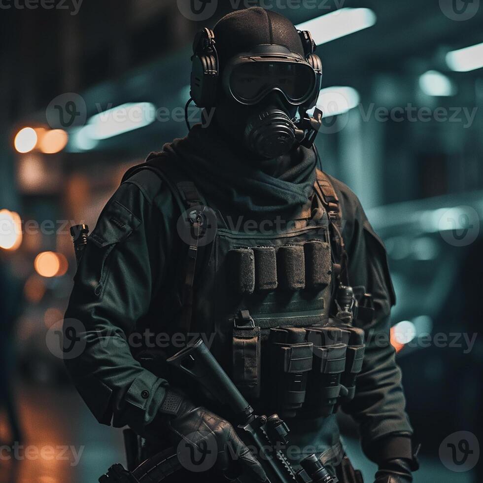 exército Soilder quem vestem Preto tático fecha com uma noite visão. ai generativo foto