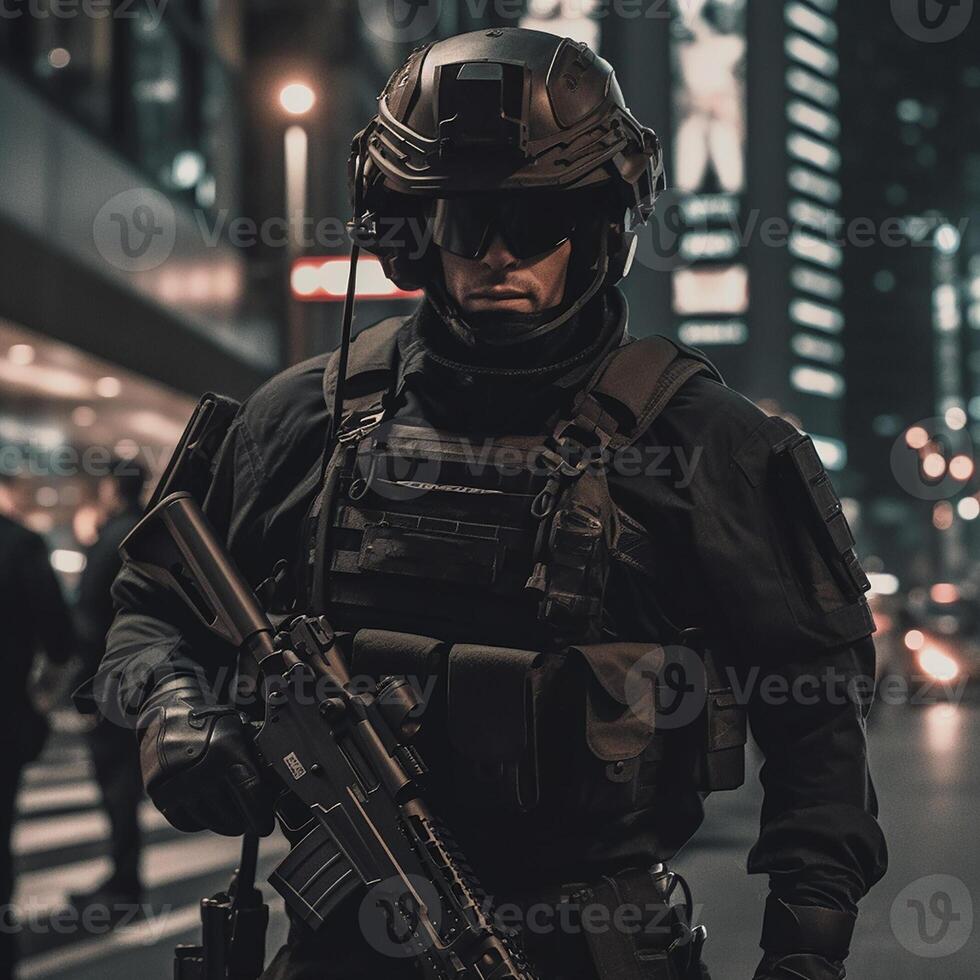 exército Soilder quem vestem Preto tático fecha com uma noite visão. ai generativo foto