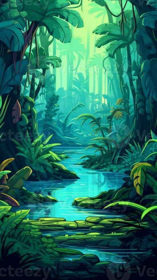 arte, belas detalhado selva cenário dentro a jogo de estilo cartoon ilustração, com dicas do fantasia e Magia, captura a tropical essência e mistério do a mundo dentro a jogo. gerar ai. foto