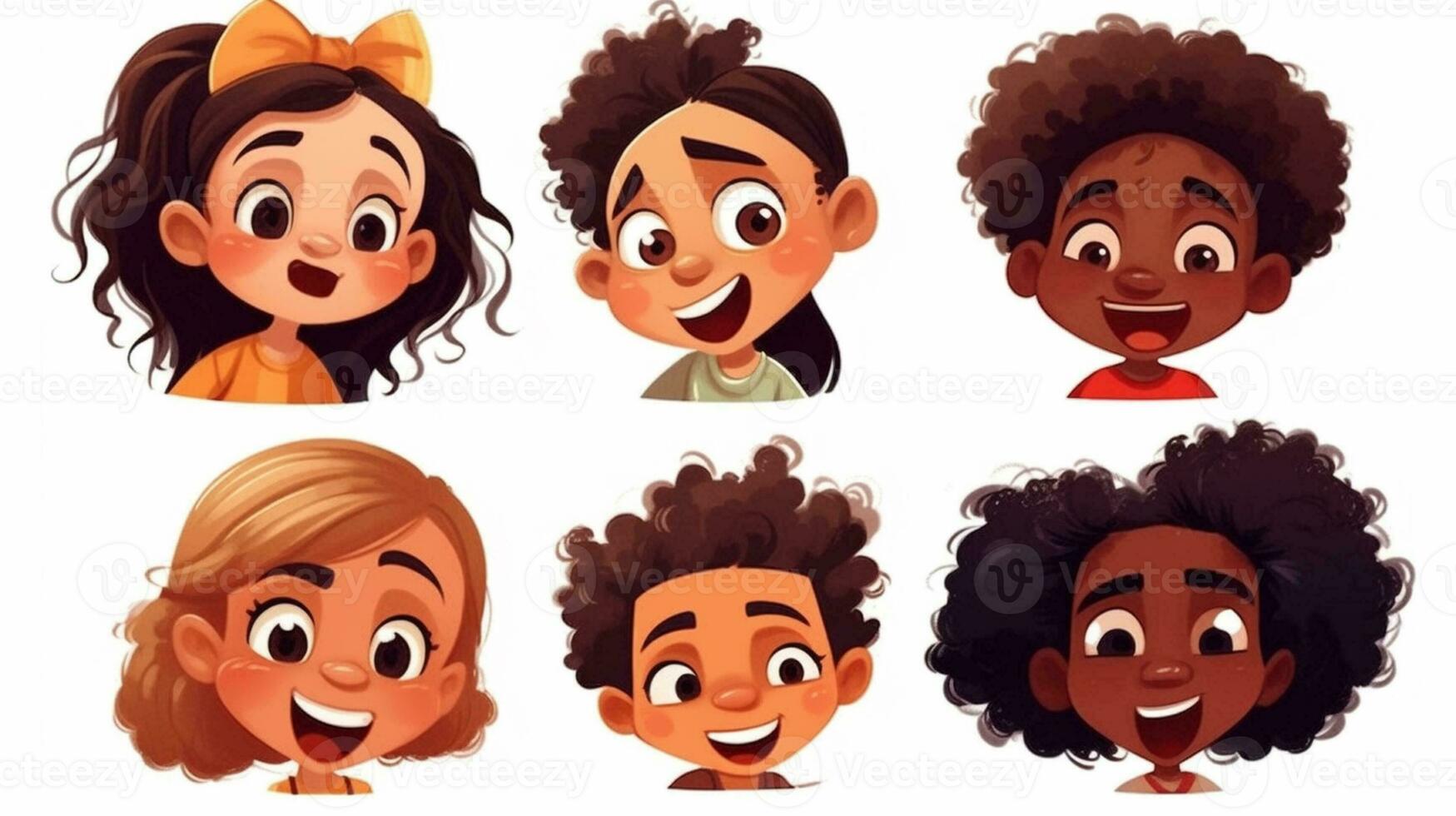 a conjunto do alegre desenho animado personagens com brilhante sorrisos e expressivo rostos trouxe imenso alegria e Diversão para a crianças dentro a vibrante ilustração. foto