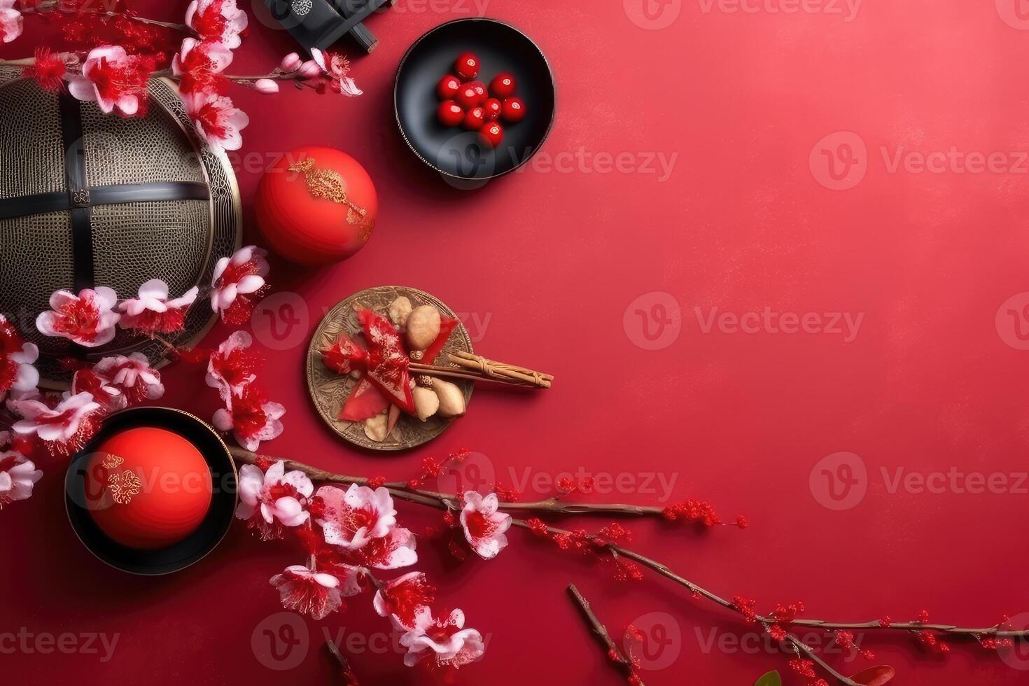 chinês Novo ano festival decorações, mandarins, flores, envelopes . plano deitar, topo visualizar. ai gerado foto