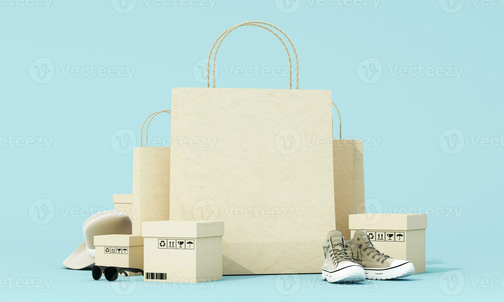 conectados compras conceito em a ficar de pé para produtos apresentação cercado de compras bolsas e Remessa caixas, tênis, chapéus e oculos de sol para homens em uma pastel azul fundo. 3d Renderização foto