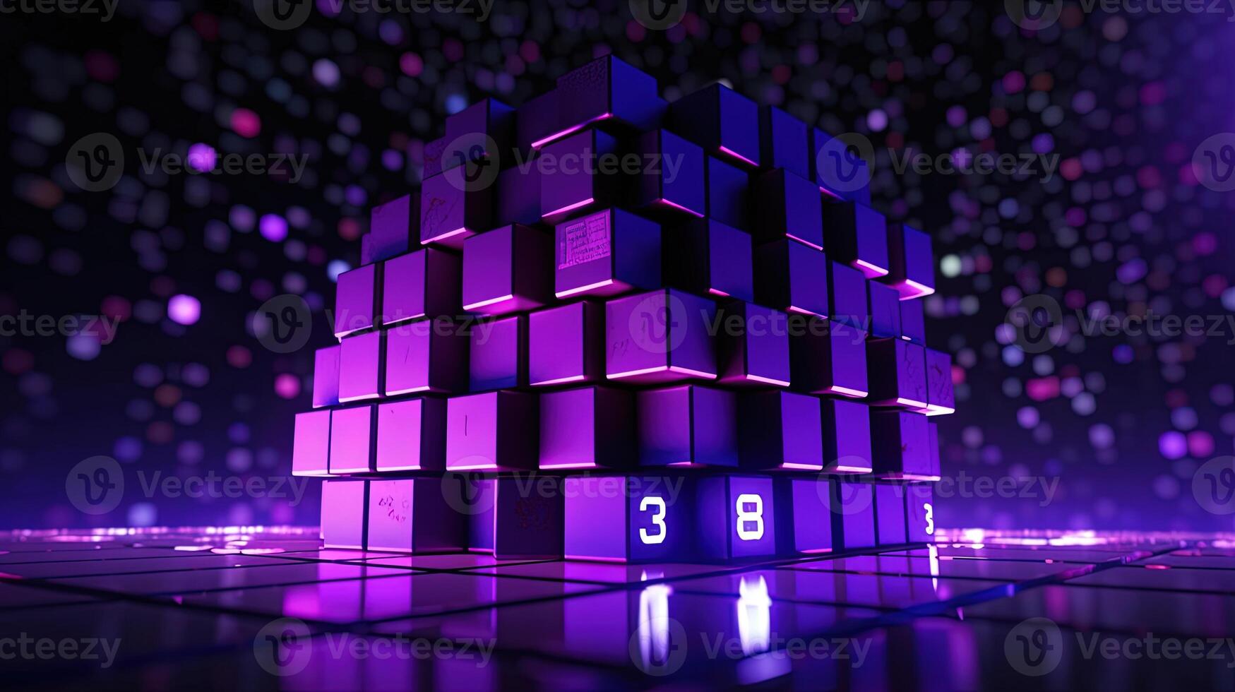 3d Renderização do Preto cubos com roxa néon luzes em Preto background.ai generativo foto