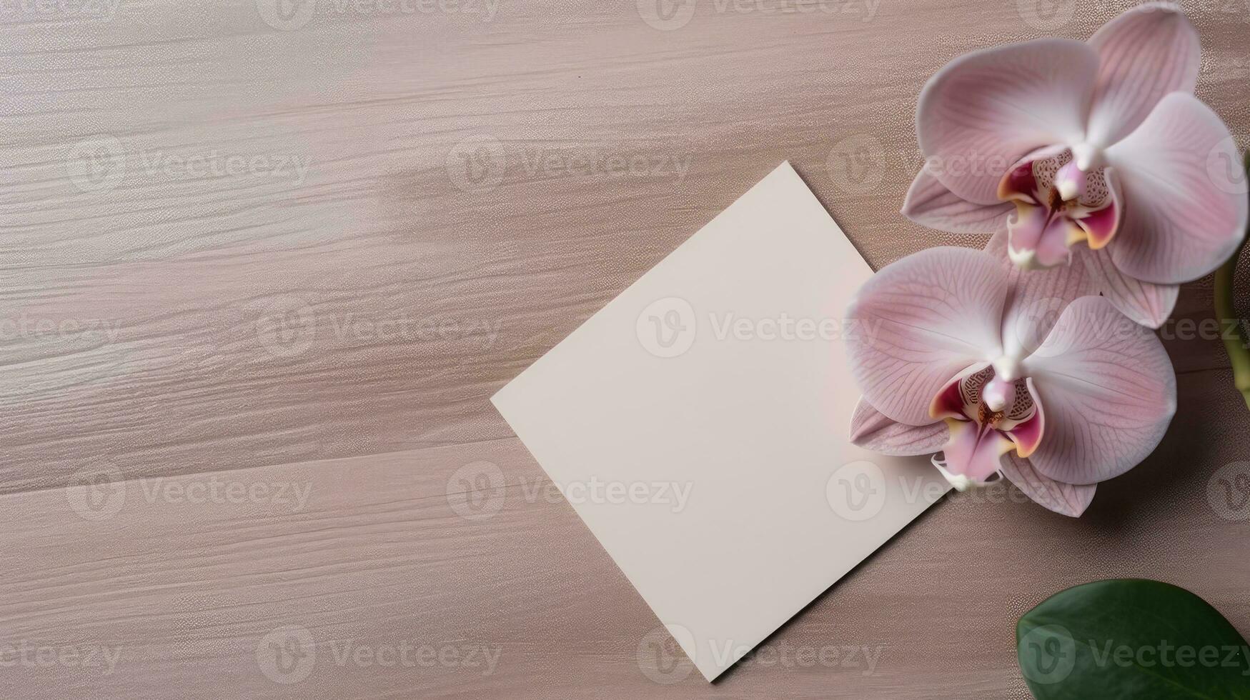 em branco papel cartão brincar e orquídea flores em de madeira textura mesa principal, generativo ai. foto