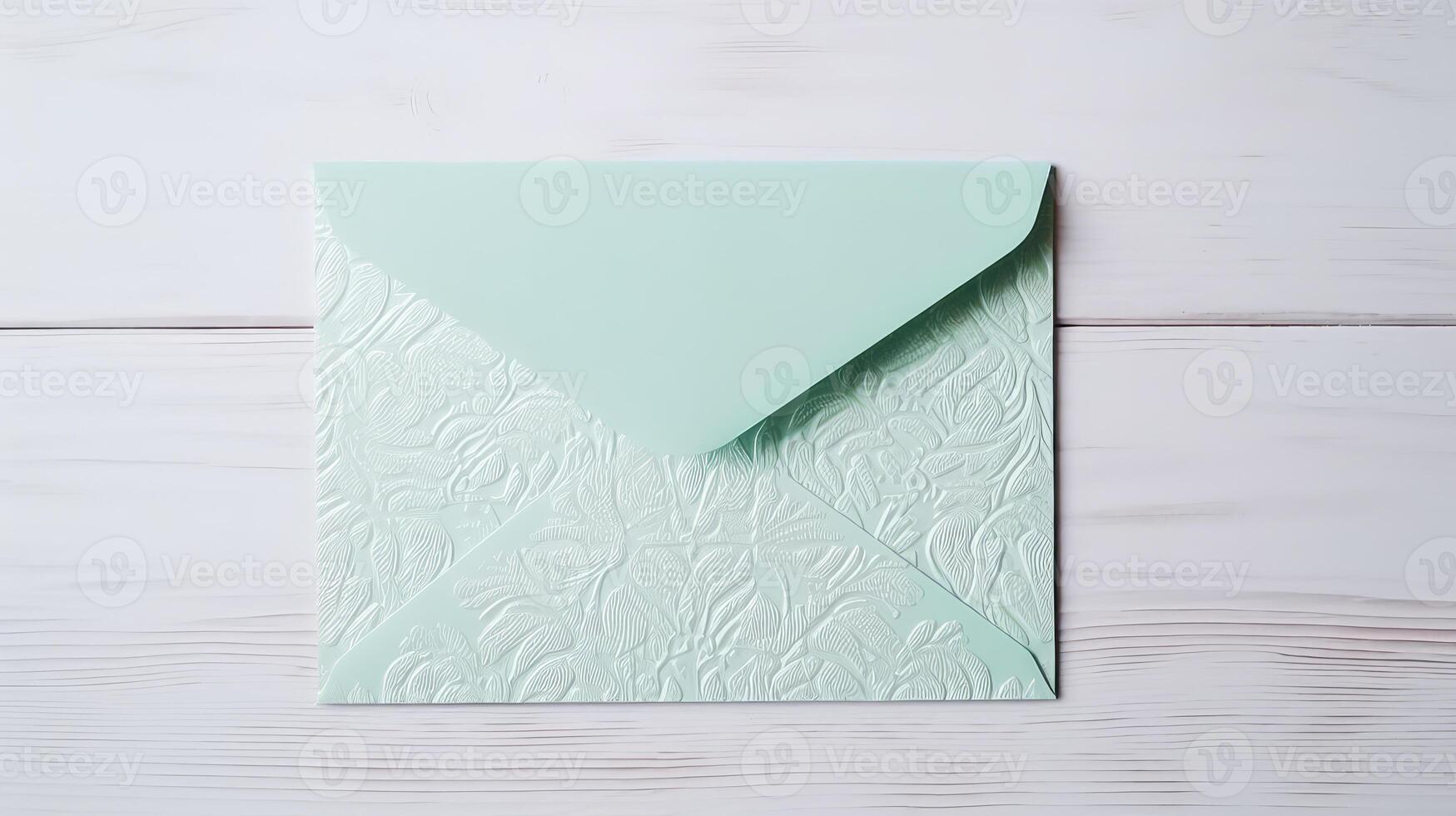 isolado pastel verde personalizado floral gravado luxo Casamento ou evento cartão, envelope em branco de madeira fundo e espaço para mensagem. generativo ai. foto