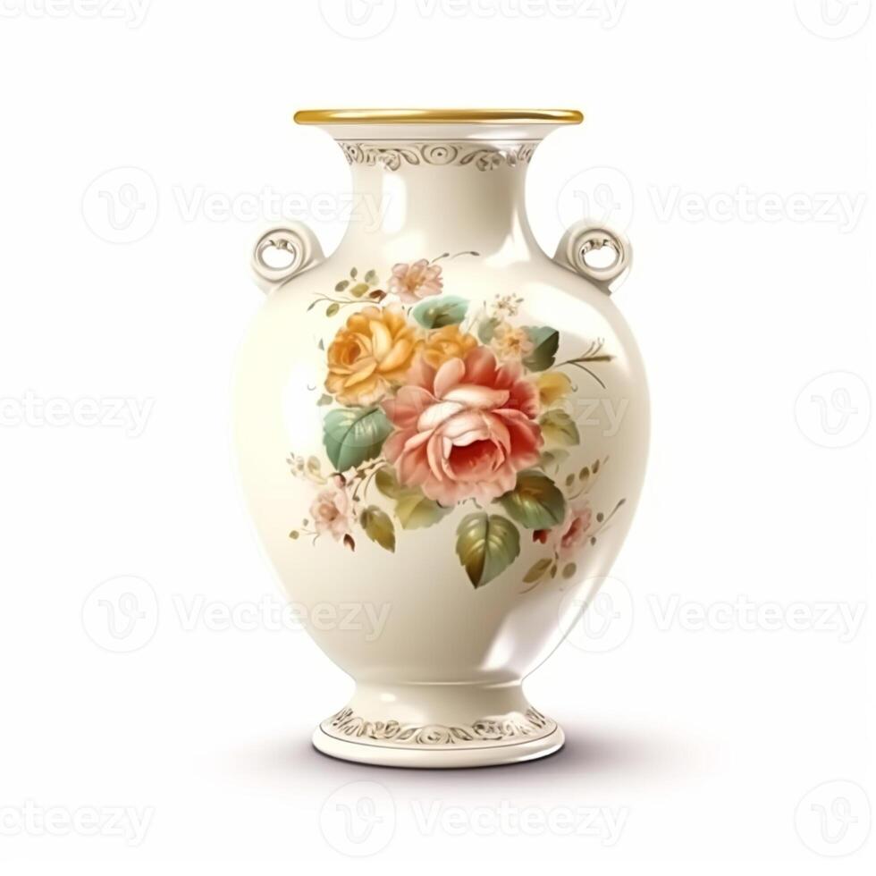 Antiguidade vintage cerâmico vaso com floral impressão isolado em branco fundo, país estilo casa decoração e interior projeto, generativo ai foto