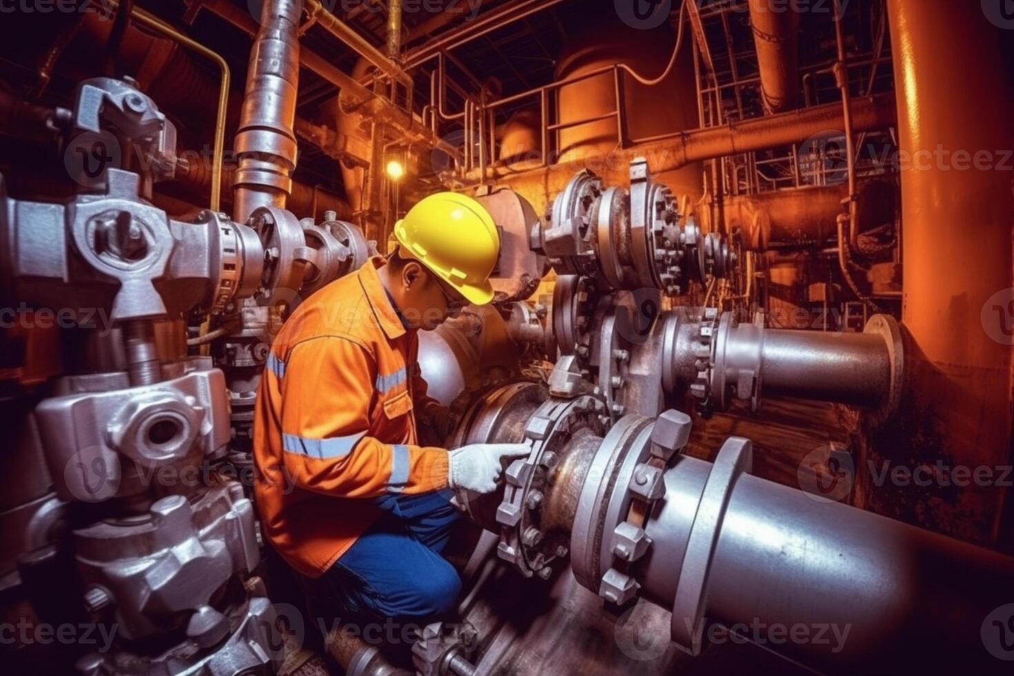 engenheiros verificar trabalhando Estado dentro instalações, industrial zona aço tubos e válvulas, engenheiros manter químico gasoduto equipamento, generativo ai foto