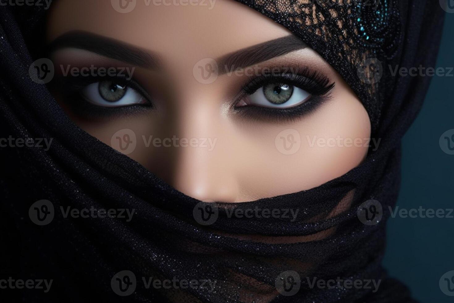 retrato do lindo árabe mulher com azul olhos vestindo Preto cachecol com rímel delineador. generativo ai foto
