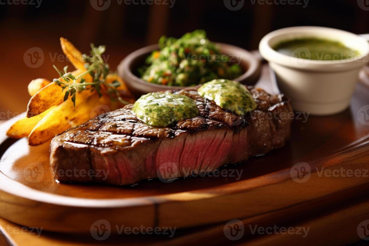 uma bem prato do suculento carne com especiarias e erva manteiga molho. ai generativo foto