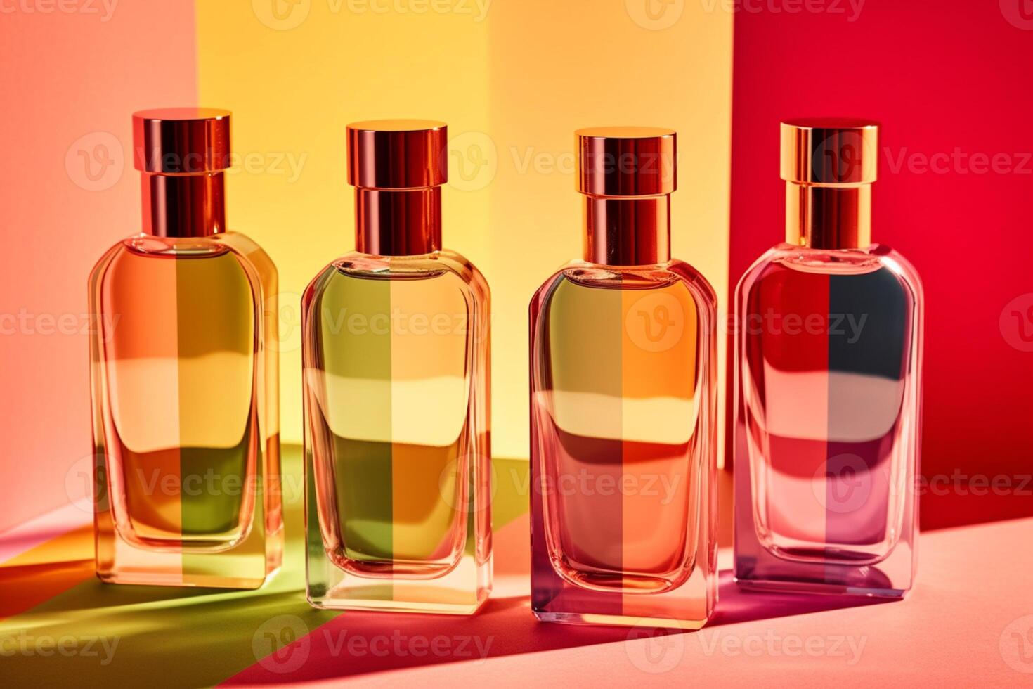 perfume vidro garrafas do diferente brilhante cores em pé em Rosa fundo. abstrato padronizar de sombras e reflexões dentro luz solar. ai generativo foto