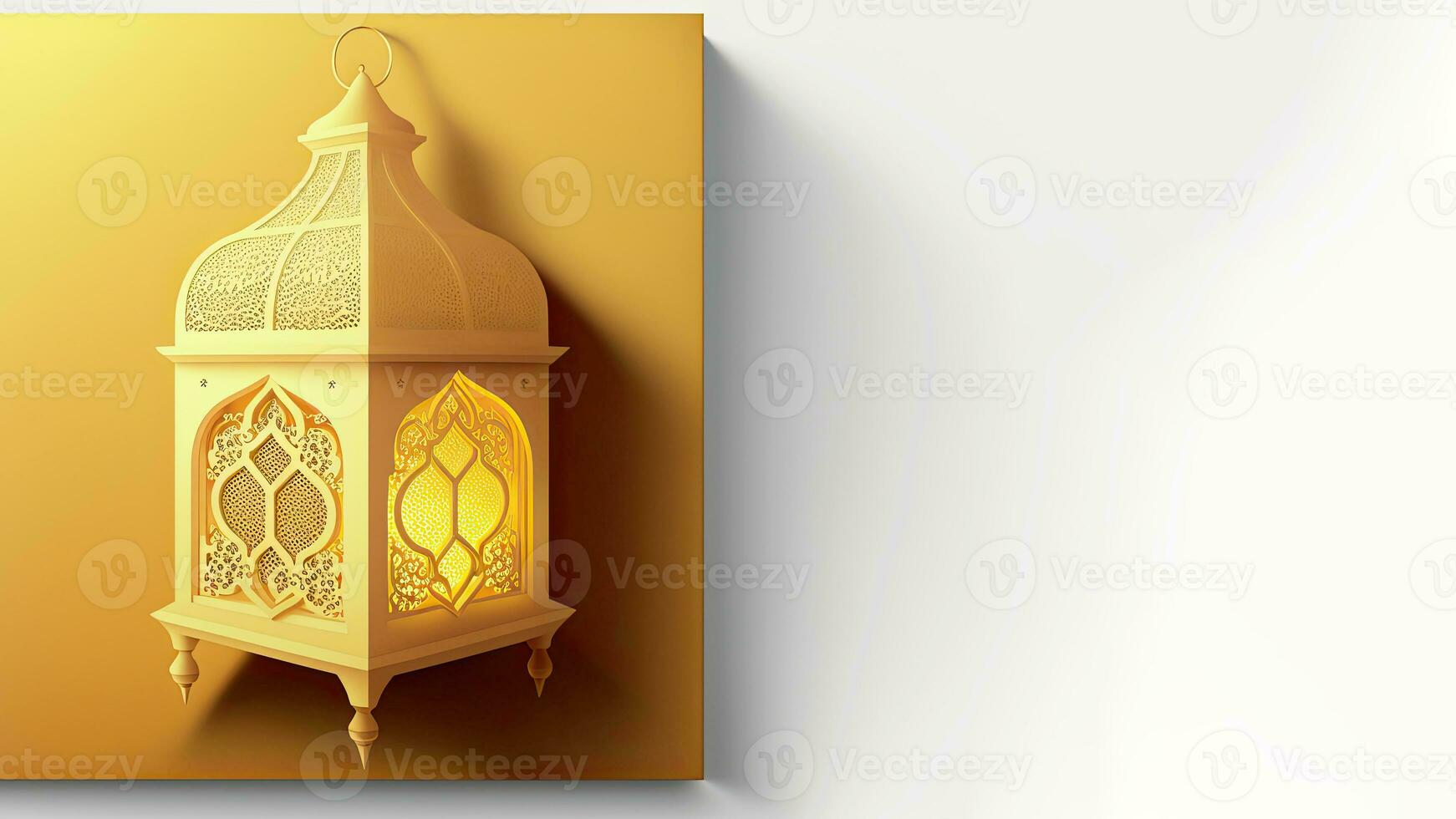 realista iluminado árabe lanterna em dourado e branco fundo. islâmico religioso conceito. 3d renderizar. foto