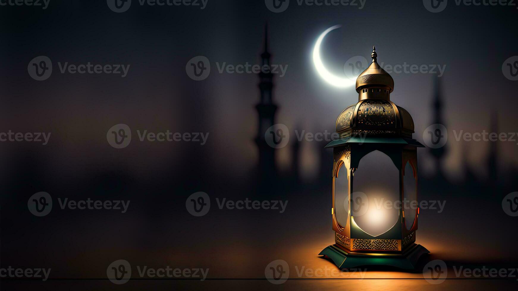 3d render do iluminado árabe luminária em crescente lua noite visualizar. islâmico religioso conceito. foto