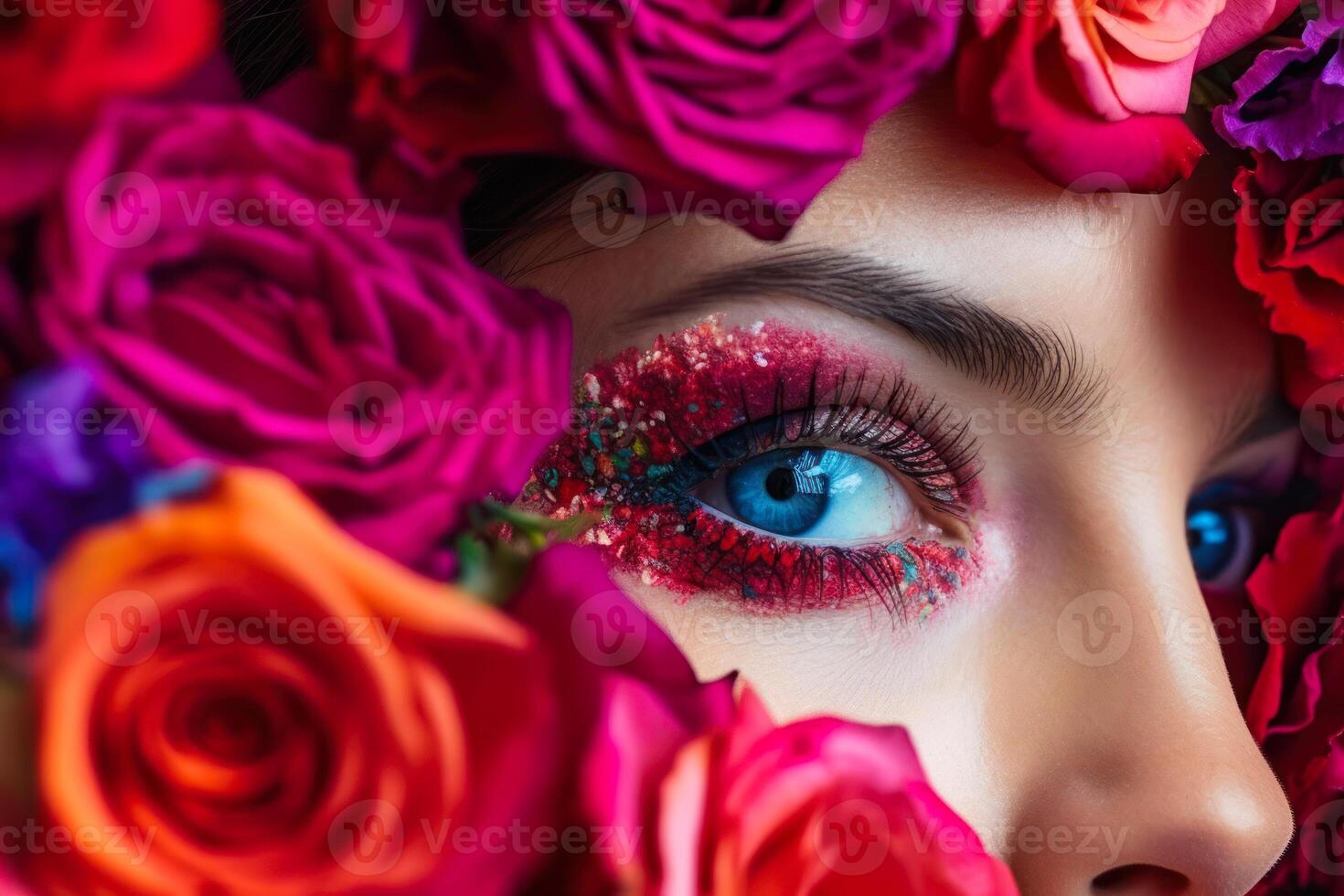 lindo fêmea olho Maquiagem dentro flores beleza Cuidado generativo ai foto