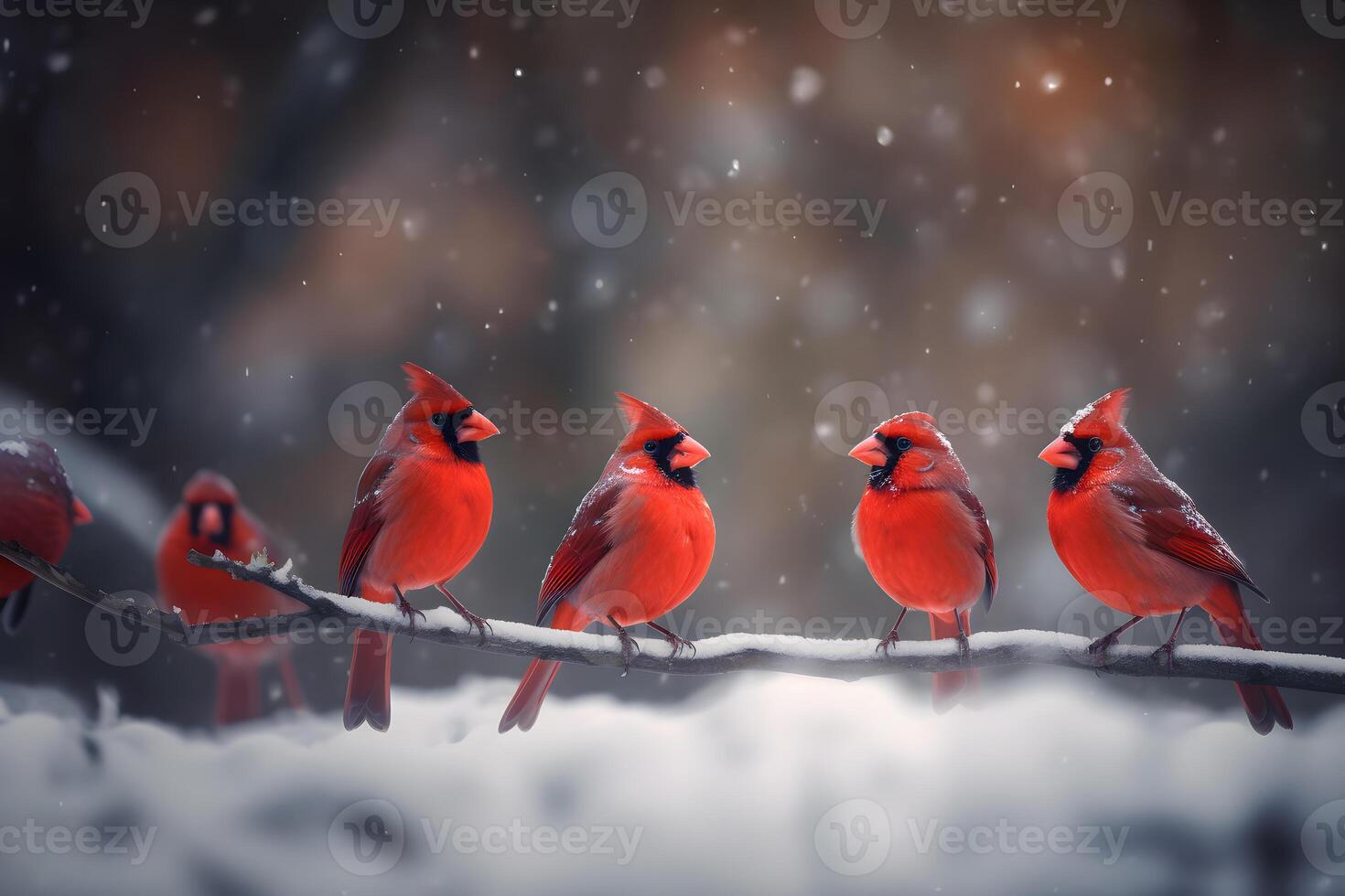 grupo do norte cardeal pássaros empoleirado em uma ramo coberto dentro neve. foto