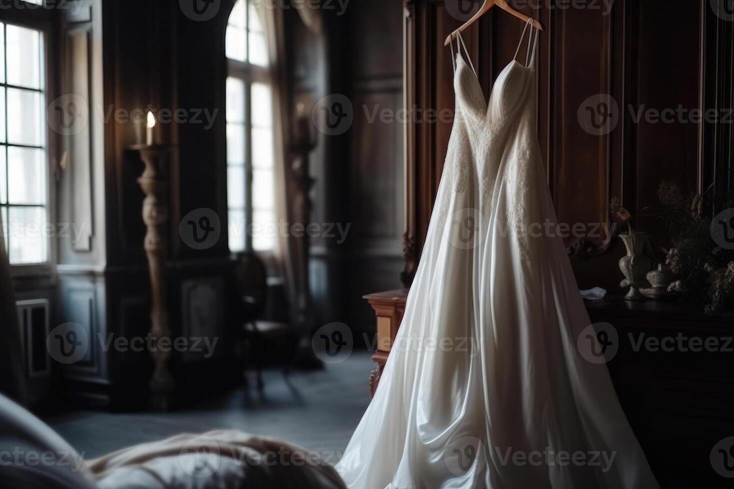 Casamento branco vestir em uma cabide para a noiva generativo ai foto