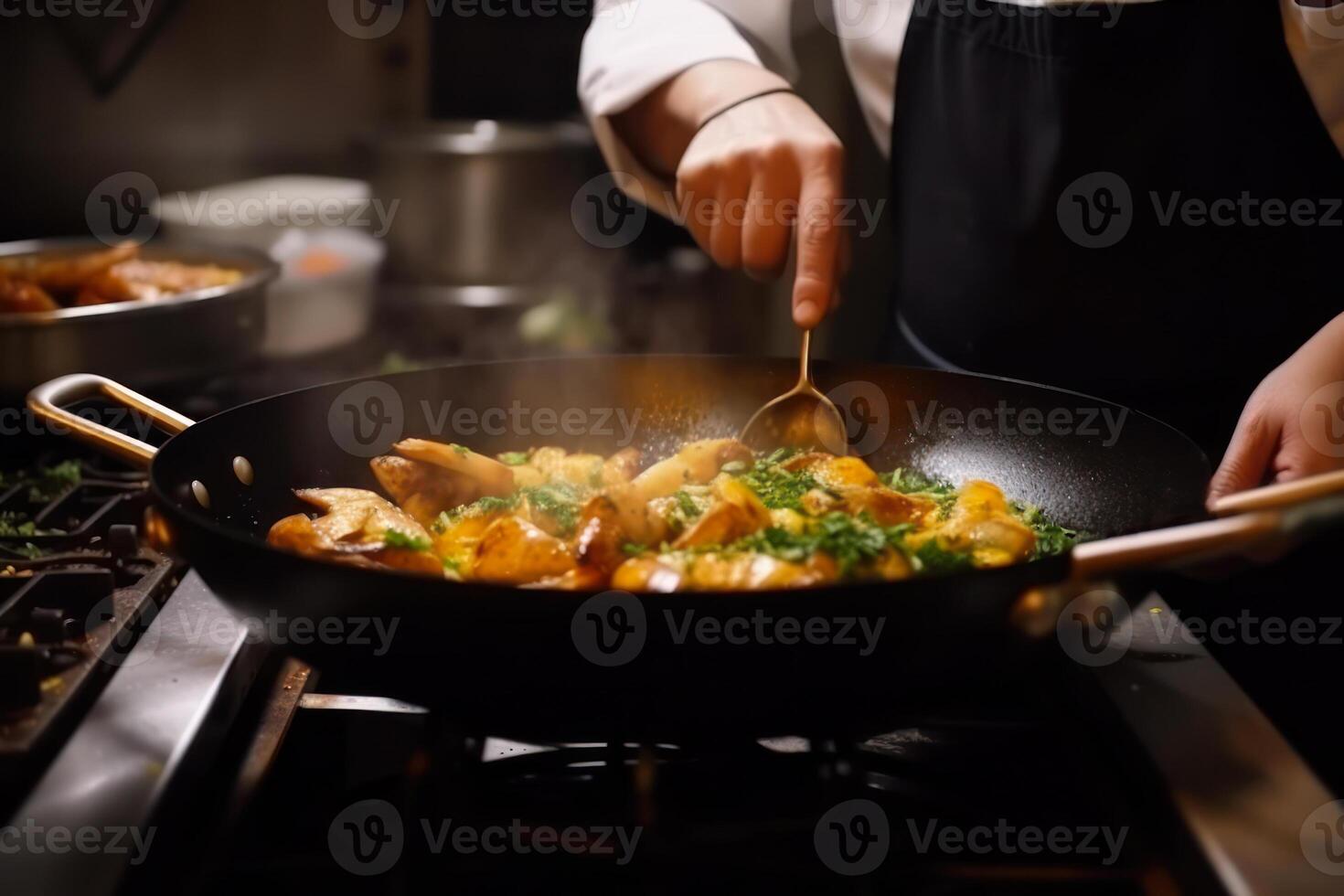 chefe de cozinha dentro a cozinha preparando cozinhando Comida dentro uma fritar panela generativo ai foto