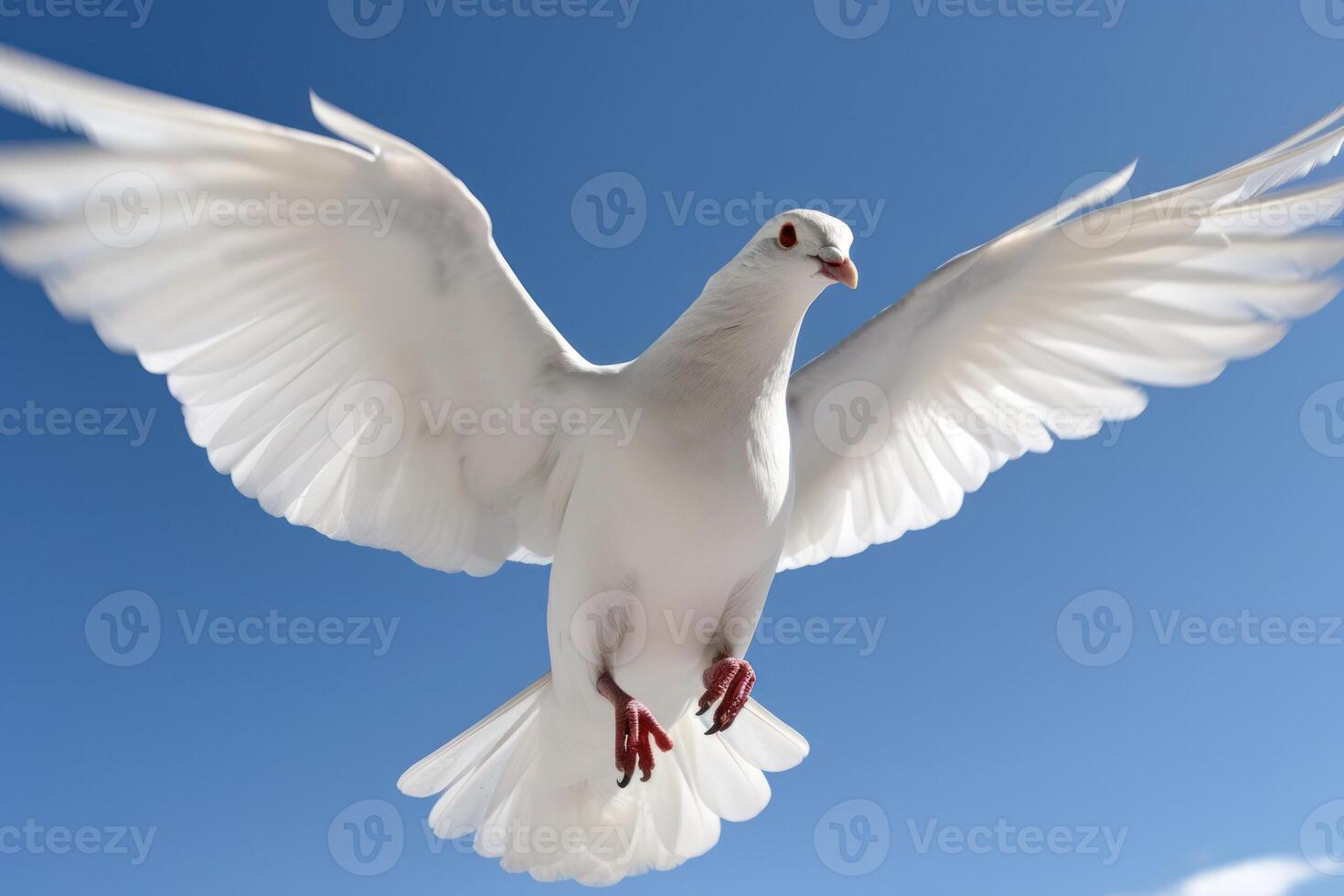 branco pomba vôo dentro a azul céu generativo ai foto