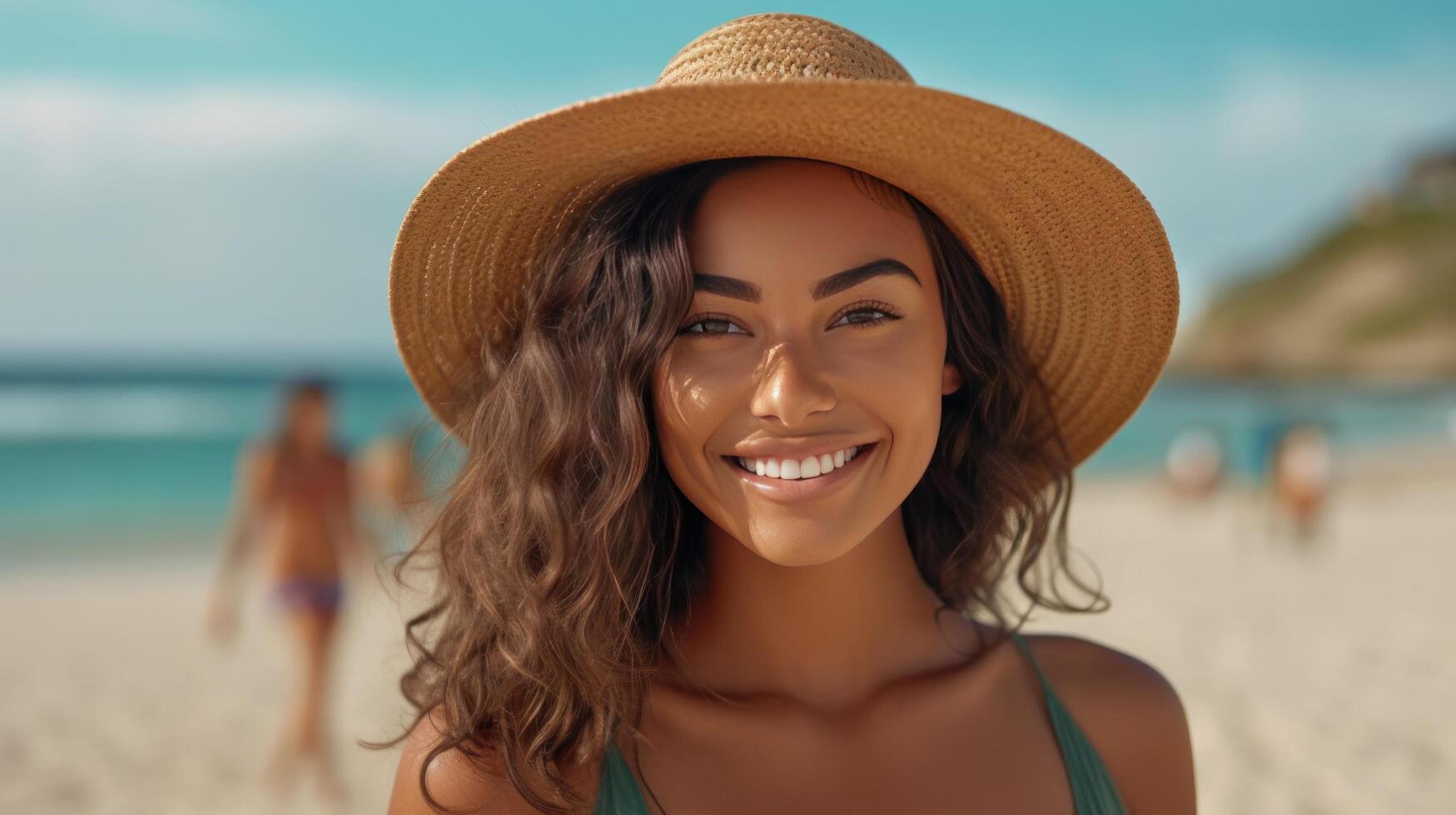 jovem mulher desfrutando dela verão período de férias em uma ensolarado dia em a de praia. ilustração ai generativo foto
