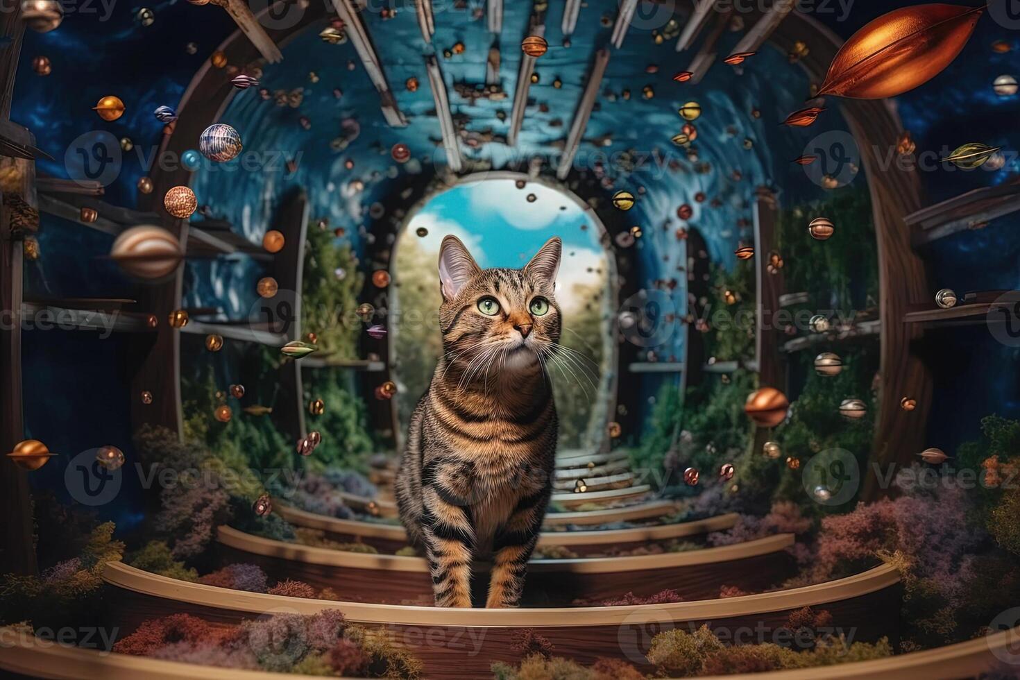 gato descobre uma escondido portal atrás a lixo caixa este conduz para uma paralelo universo preenchidas com erva de gato rios, vôo peixe brinquedos, e gravidade ilustração generativo ai foto