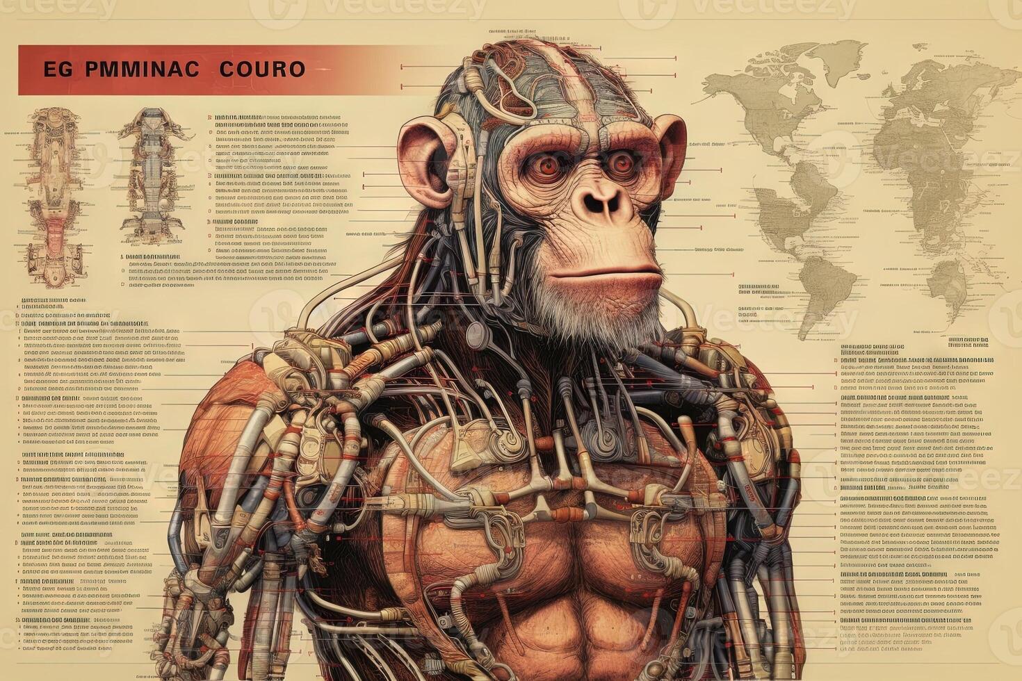 chimpanzé macaco macaco cyborg animal detalhado infográfico, cheio detalhes anatomia poster diagrama ilustração generativo ai foto