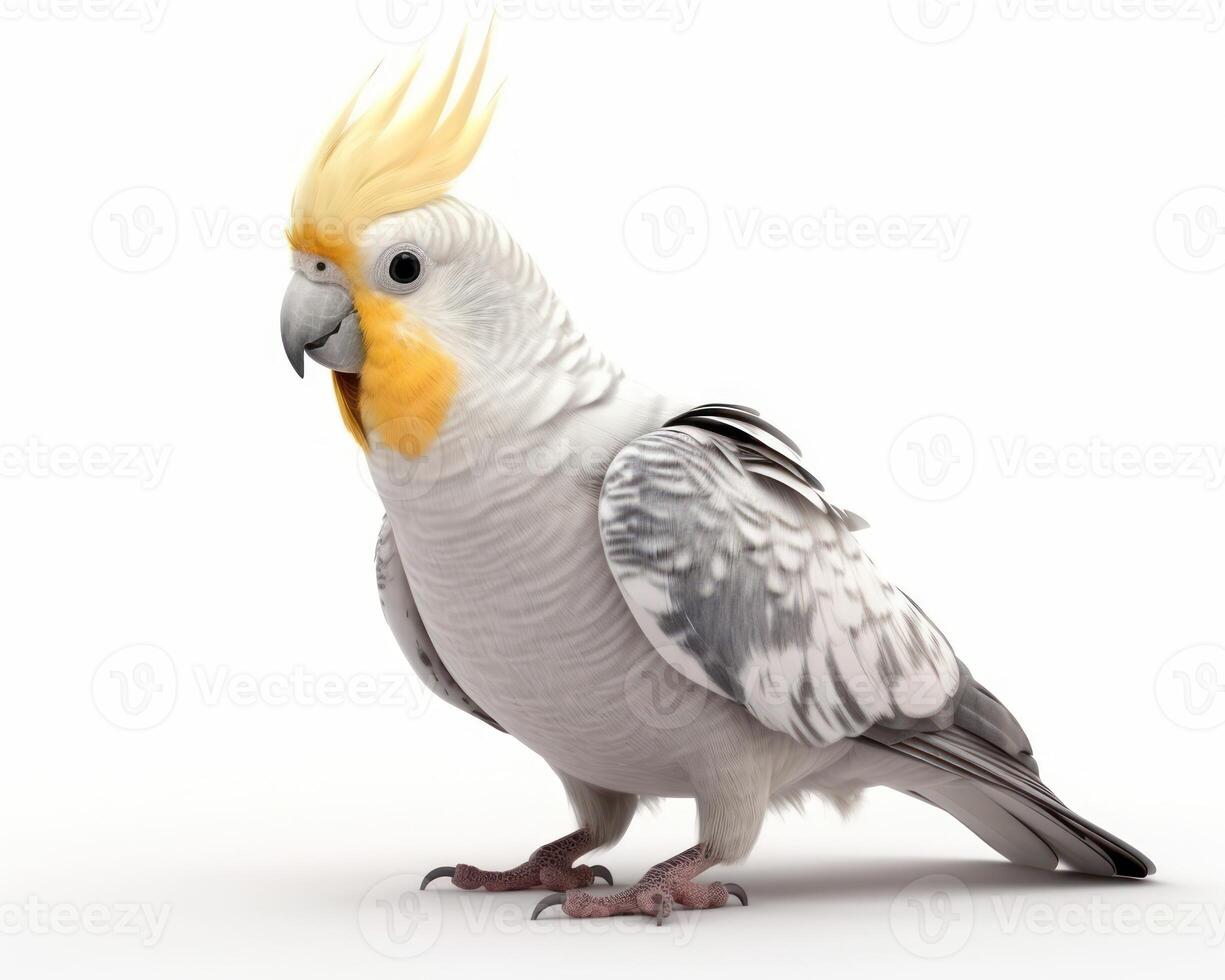 uma cacatua, uma branco pássaro com uma amarelo crista em Está cabeça em pé em uma branco superfície com uma branco fundo e olhando às a Câmera, generativo ai foto