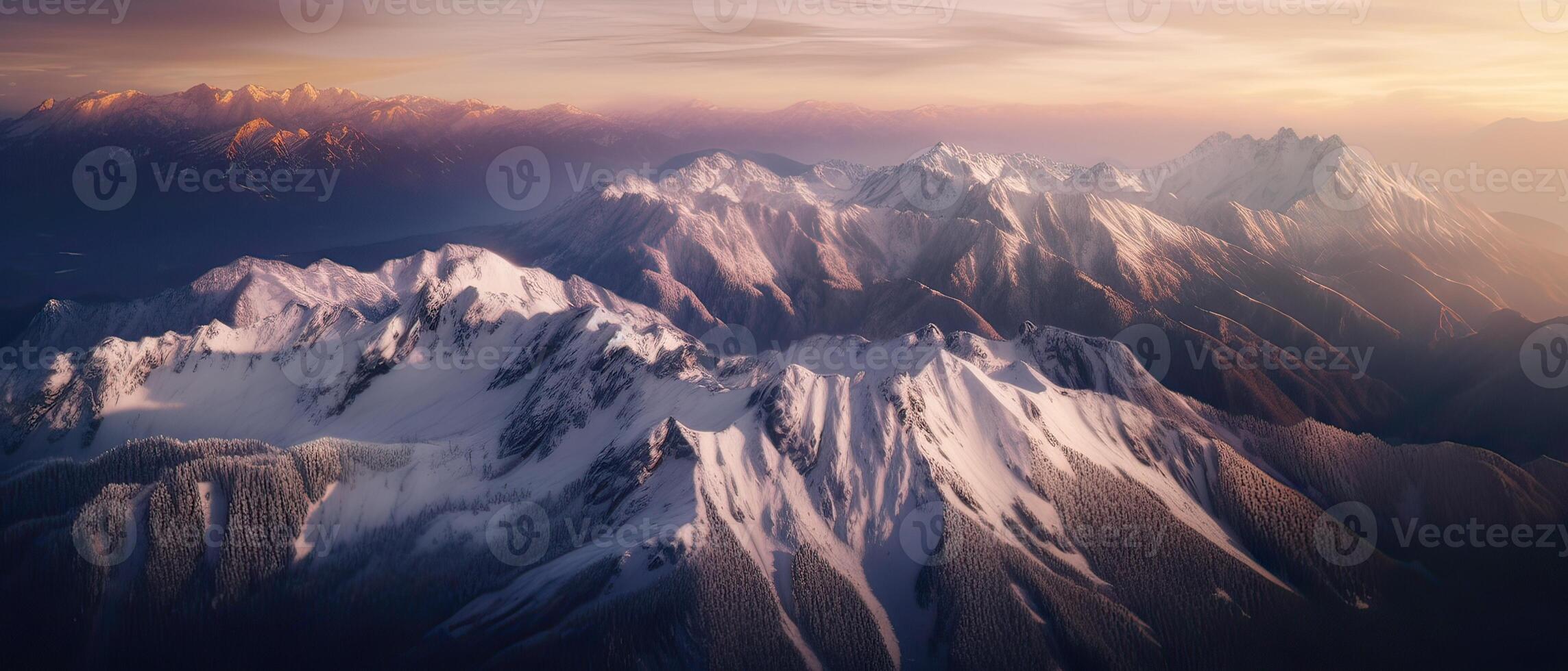 aéreo Visão a partir de avião do neve coberto montanha panorama dentro inverno. colorida Rosa céu arte renderizar. generativo ai. foto