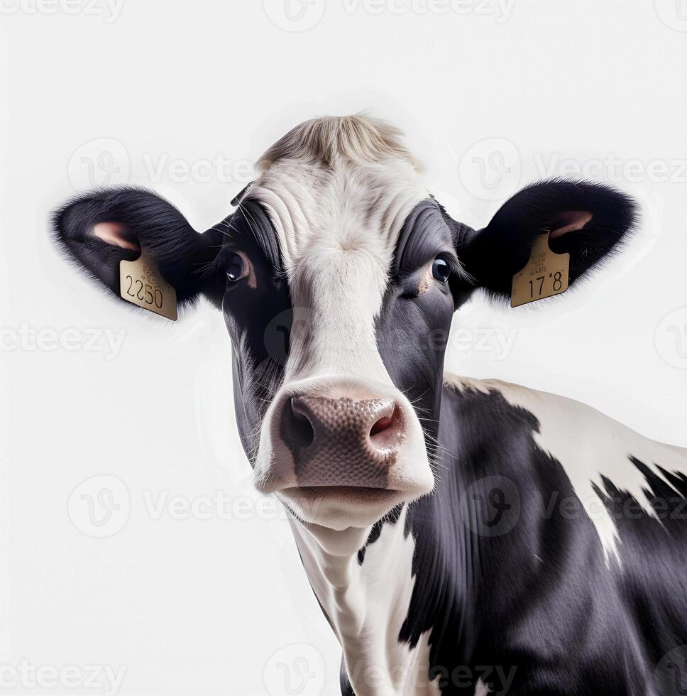 generativo ai contente, retrato do uma Preto com branco pontos vaca elevado para orgânico carne em uma branco fundo, isolado objeto. foto