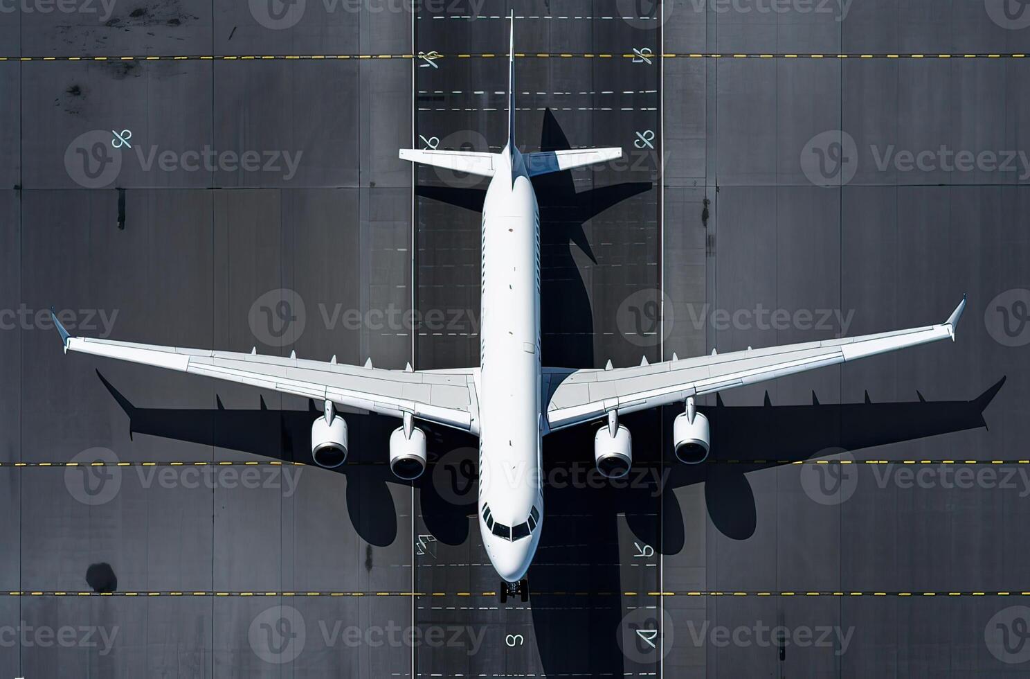 uma topo aéreo Visão do a aeroporto terminal e pista com estacionado comercial aviões ser carregado com suprimentos e passageiros. o negócio e viagem. generativo ai. foto