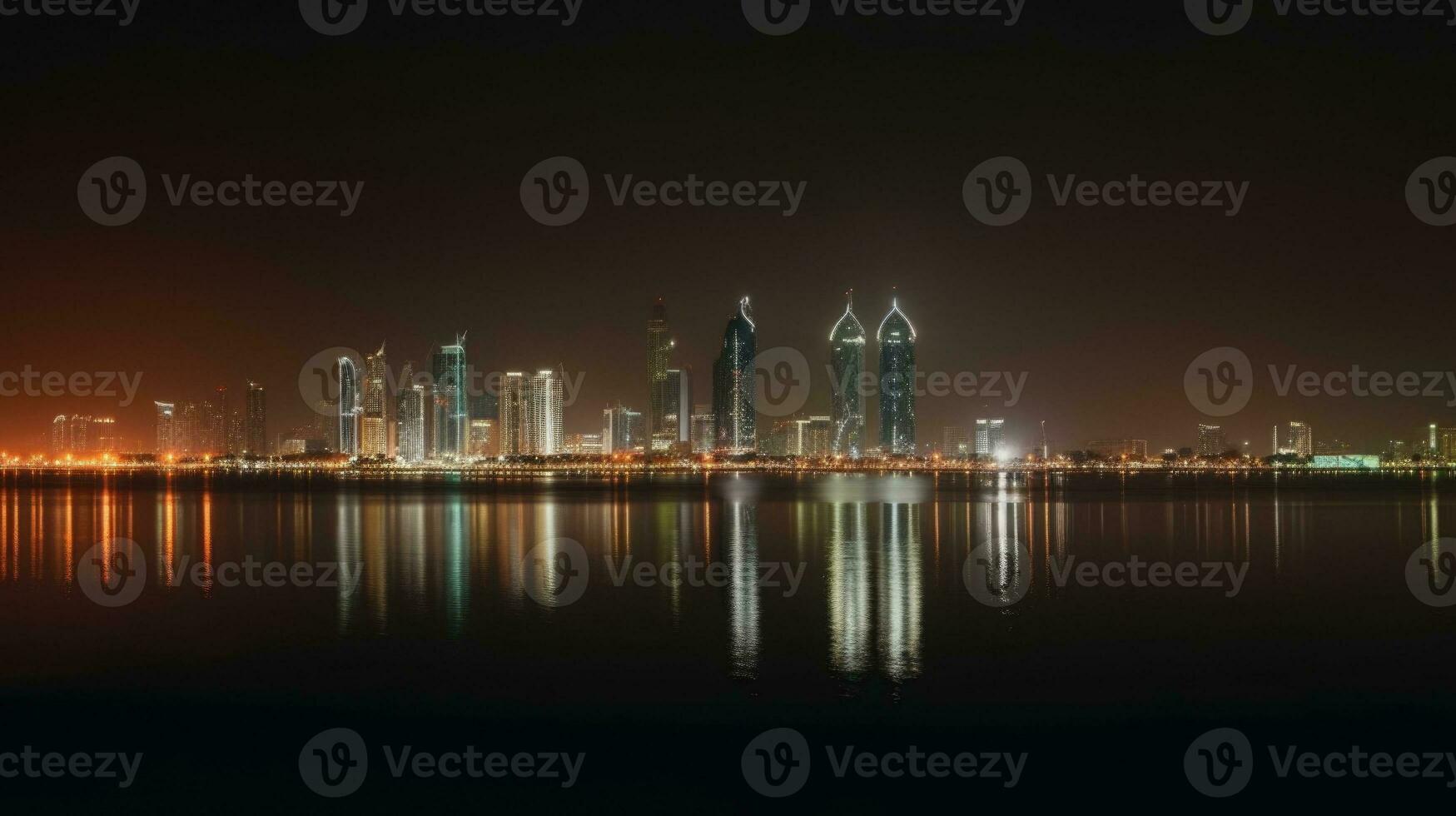 abu dhabi eua Horizonte refletindo dentro a água durante noite tempo. surpreendente dubai turista destino, generativo ai tecnologia. foto