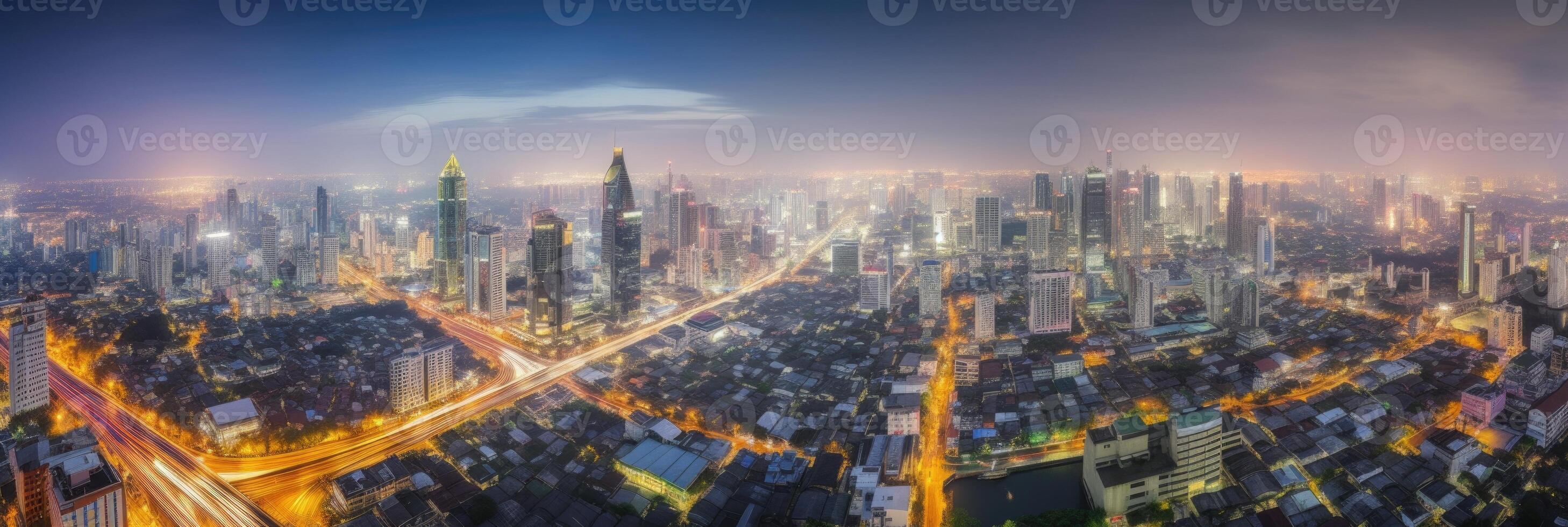 paisagem urbana noite Visão do residencial casas e Alto arranha-céus dentro financeiro distrito às Bangkok tailândia. generativo ai tecnologia. foto