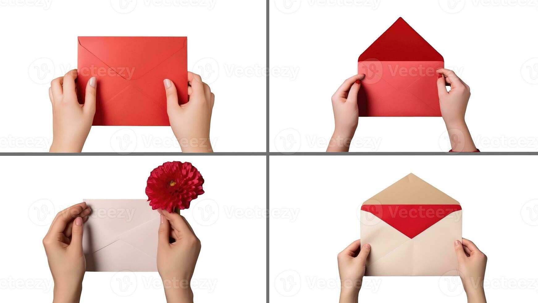 conjunto do fêmea mãos segurando envelopes e vermelho dália flor em branco fundo, generativo ai ilustração. foto