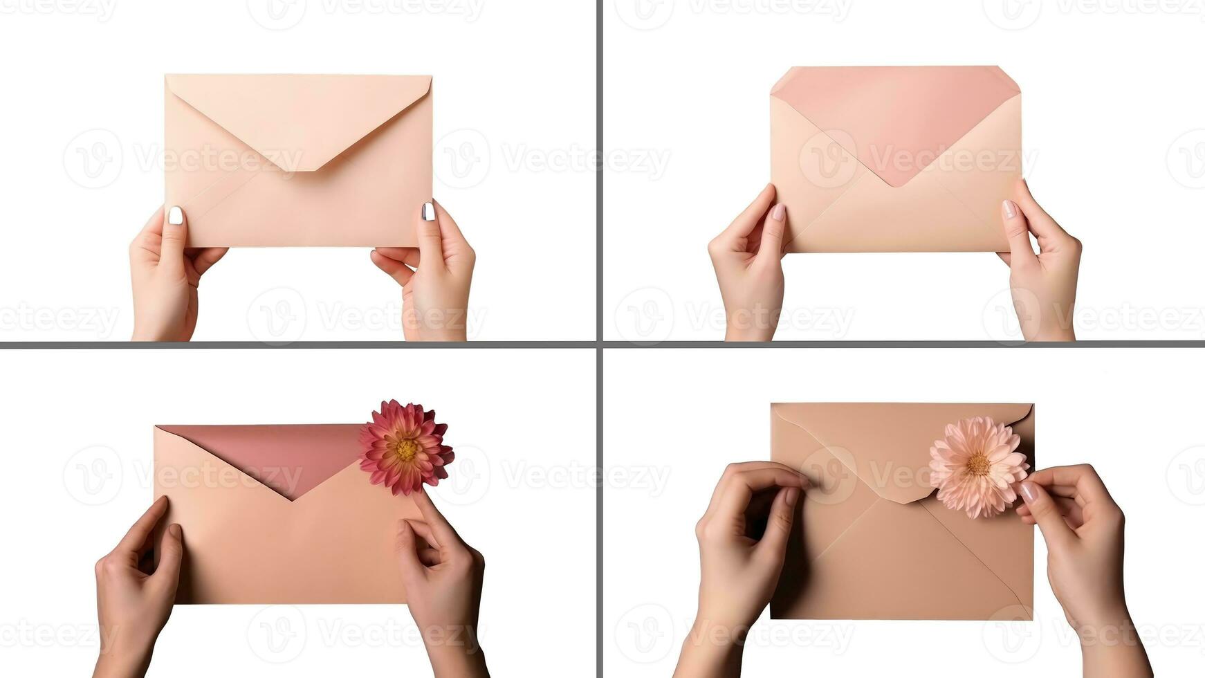 conjunto do fêmea mãos segurando envelopes e flores em branco fundo, generativo ai ilustração. foto