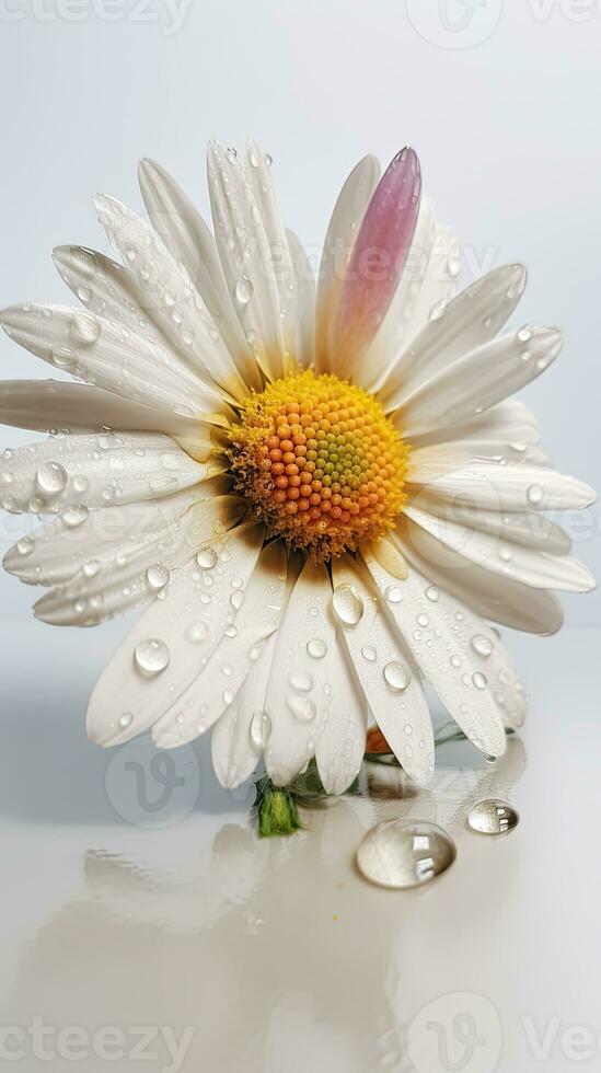 deslumbrante fechar tiro do Flor branco margarida flor com água gotas. generativo ai. foto