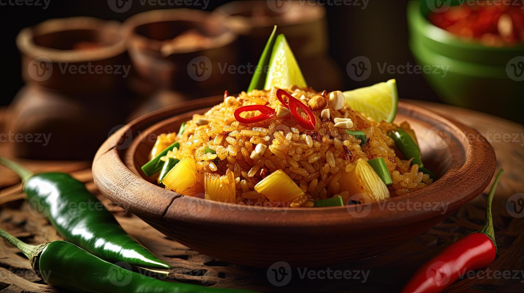 apresentando uma tailandês prato do abacaxi frito arroz tigela com Pimenta e limão fatia em rústico mesa para pronto comendo para saboroso Comida. generativo ai. foto